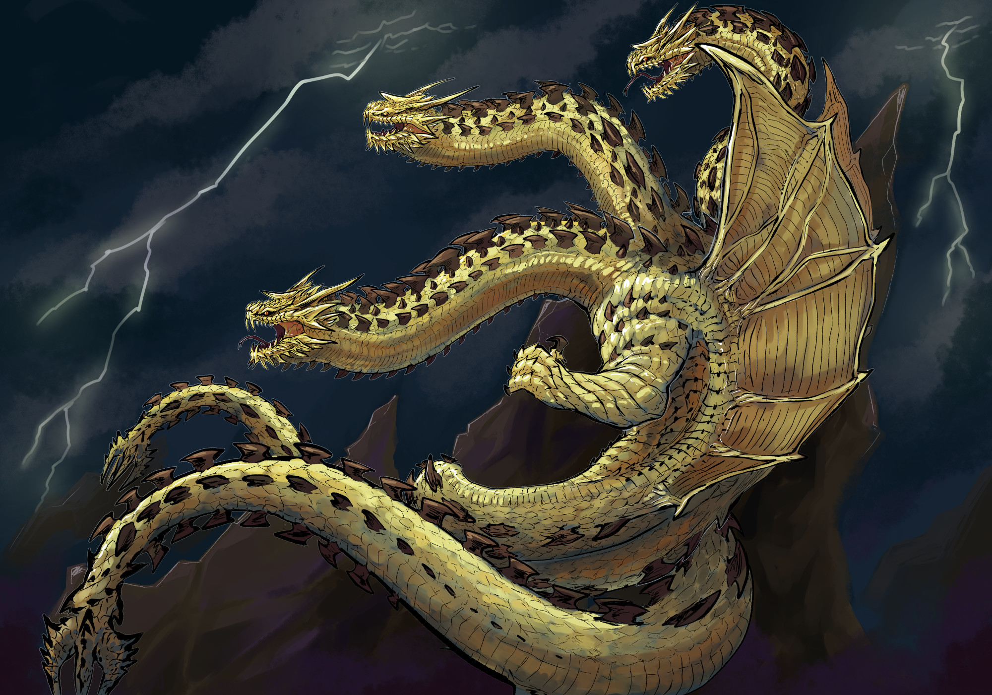 A giant 3 headed serpent dragon on a mountain with gold scales and lightning in the background. 