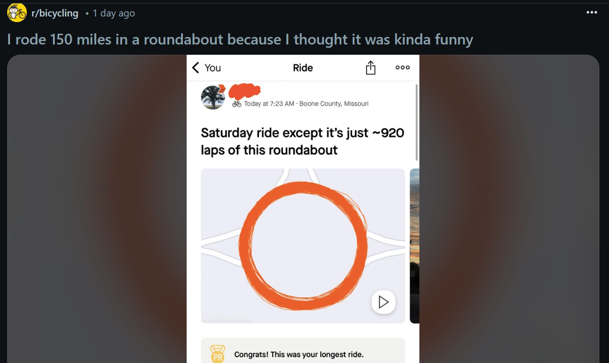 Captura de tela do Reddit, mostrando um post no r/Bicycling com o título "I rode 150 miles in a roundabout because I thought it was kinda funny". Em baixo, uma captura de tela do Strava mostrando o trajeto em uma rotatória com o título "Saturday ride except it's just 920 laps of this roundabout"