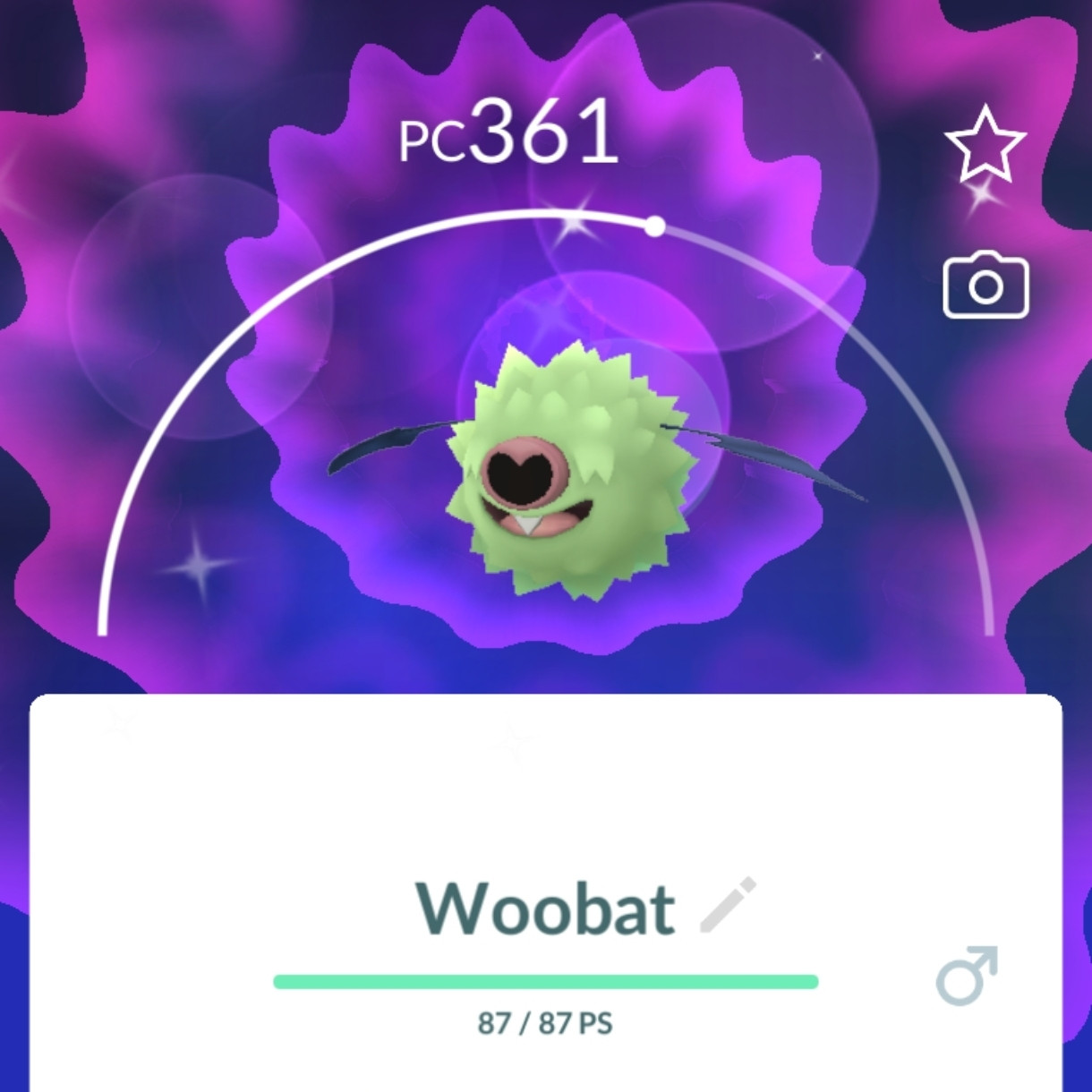 Captura de tela de Pokémon Go, mostrando um Woobat shiny 