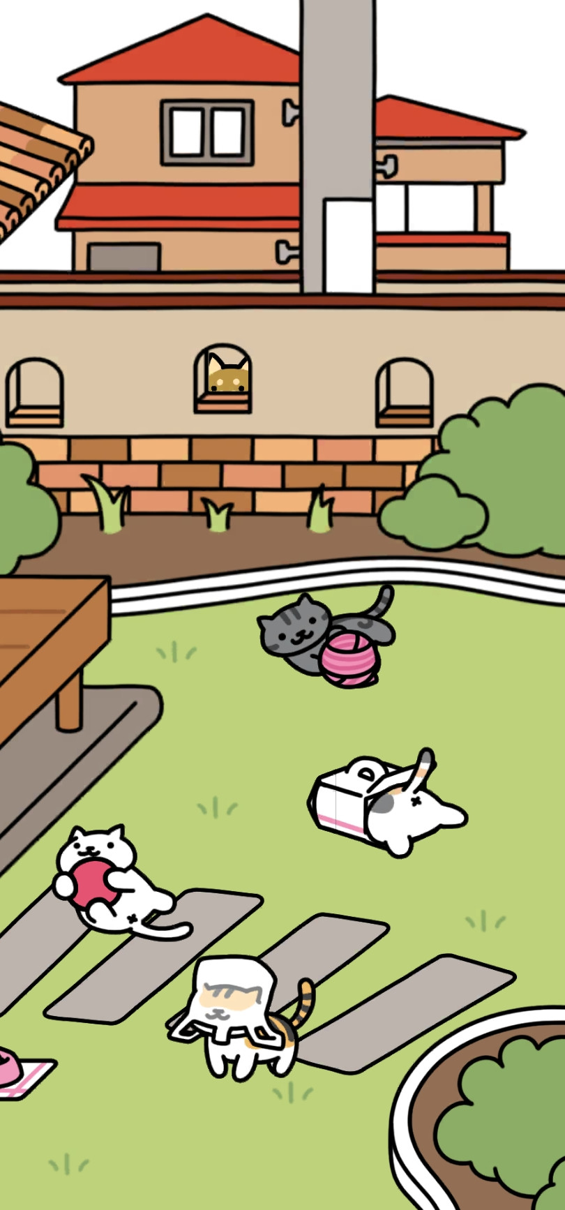 A screenshot from the mobile game Neko Atsume showing a dog peeking through the wall and various cats playing with cat toys