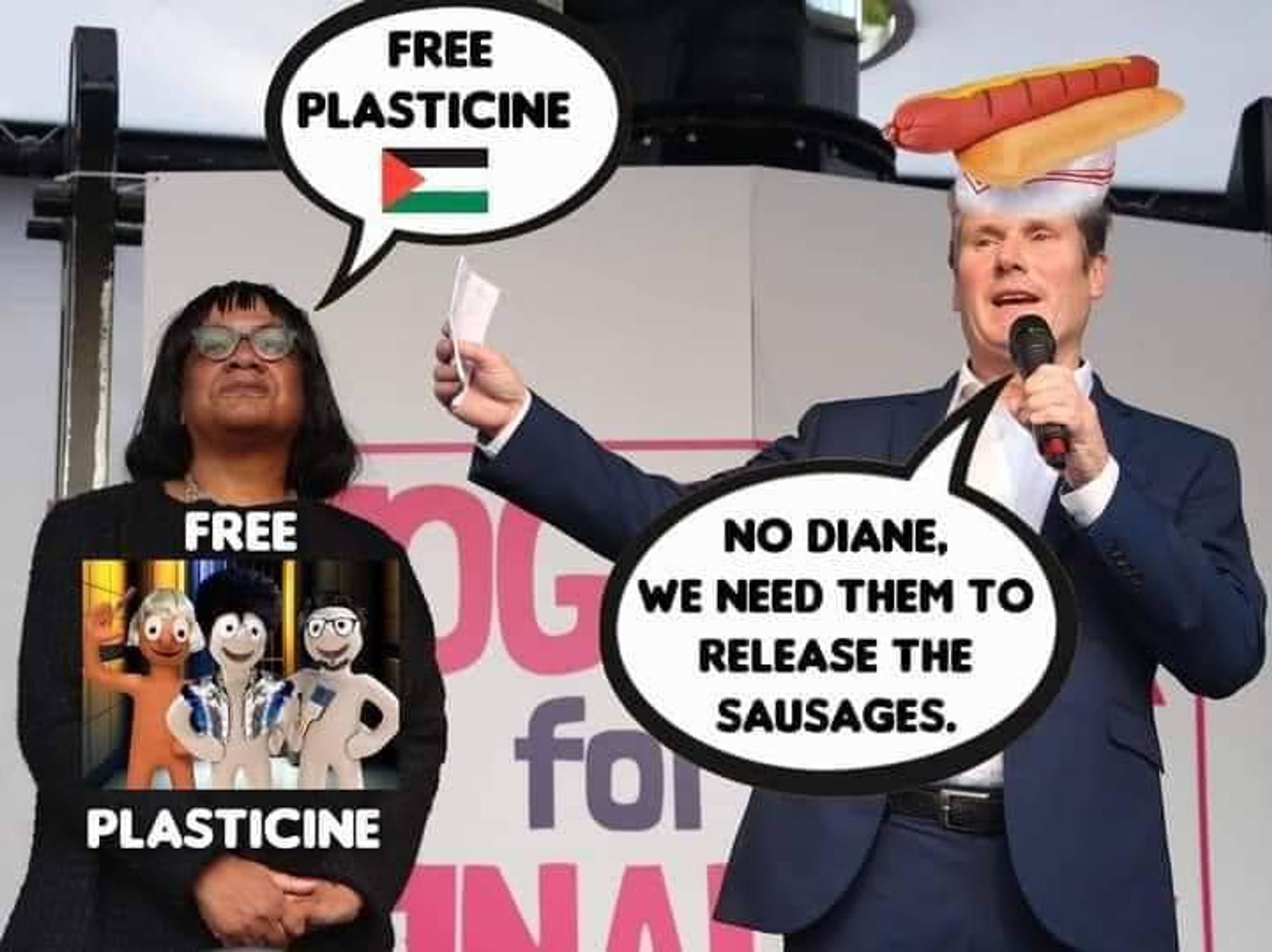 Diane Abbott und Keir Starmer
Abbot sagt: Free Plasticine (Kostenlose Knete)
Starmer sagt: No Diana, we need them to release the Sausages