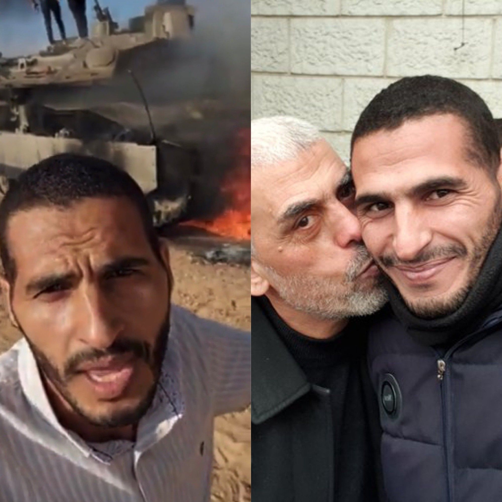 Hassan Eslaiah links in Israel mit einem Selfie vor einem brennenden Panzer, rechts wird er von Yahyar Sinwar geküsst