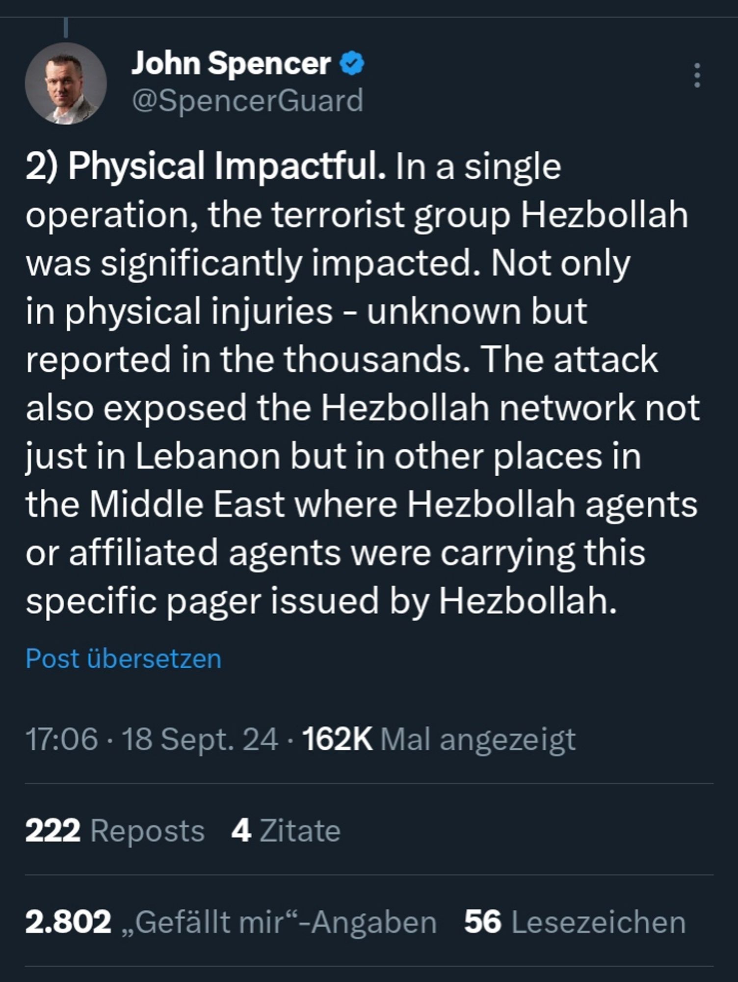 2) Physical Impactful. In a single operation, the terrorist group Hezbollah was significantly impacted. Not only in physical injuries - unknown but reported in the thousands. The attack also exposed the Hezbollah network not just in Lebanon but in other places in the Middle East where Hezbollah agents or affiliated agents were carrying this specific pager issued by Hezbollah.