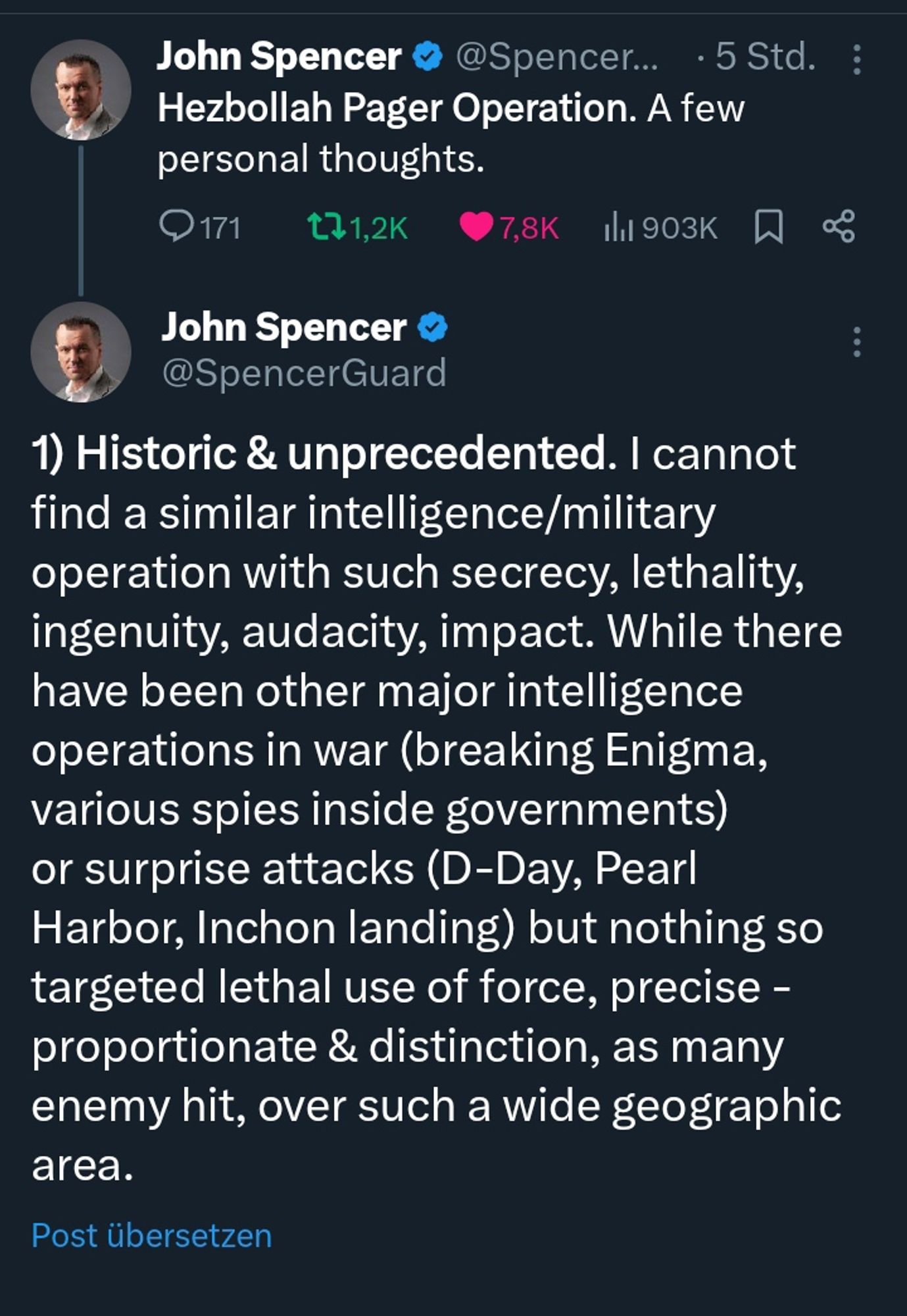 1) Historic & unprecedented. I cannot find a similar intelligence/military operation with such secrecy, lethality, ingenuity, audacity, impact. While there have been other major intelligence operations in war (breaking Enigma, various spies inside governments) or surprise attacks (D-Day, Pearl Harbor, Inchon landing) but nothing so targeted lethal use of force, precise - proportionate & distinction, as many enemy hit, over such a wide geographic area.