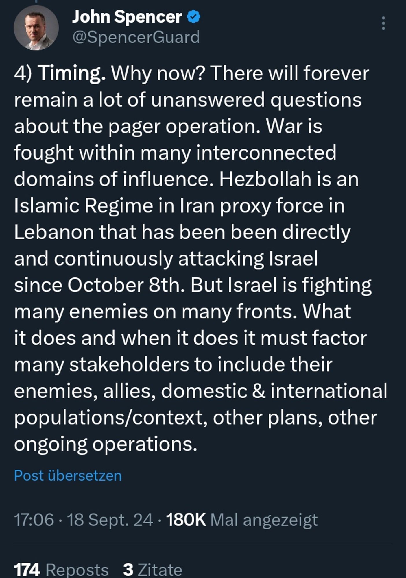 4) Timing. Why now? There will forever remain a lot of unanswered questions about the pager operation. War is fought within many interconnected domains of influence. Hezbollah is an Islamic Regime in Iran proxy force in Lebanon that has been been directly and continuously attacking Israel since October 8th. But Israel is fighting many enemies on many fronts. What it does and when it does it must factor many stakeholders to include their enemies, allies, domestic & international populations/context, other plans, other ongoing operations.