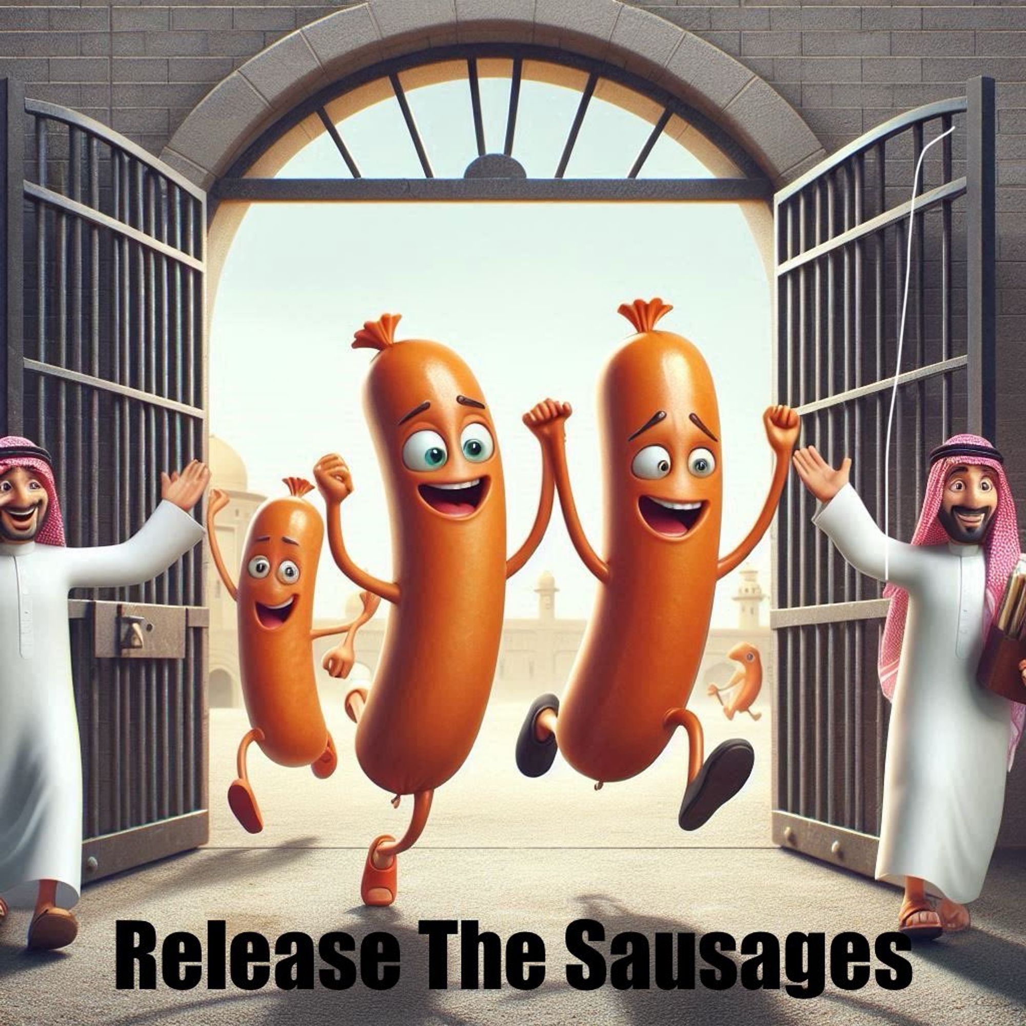 2 Araber öffnen eine Käfig Tür aus der Würstchen renne
Da drunter der Text: Release the Sausages