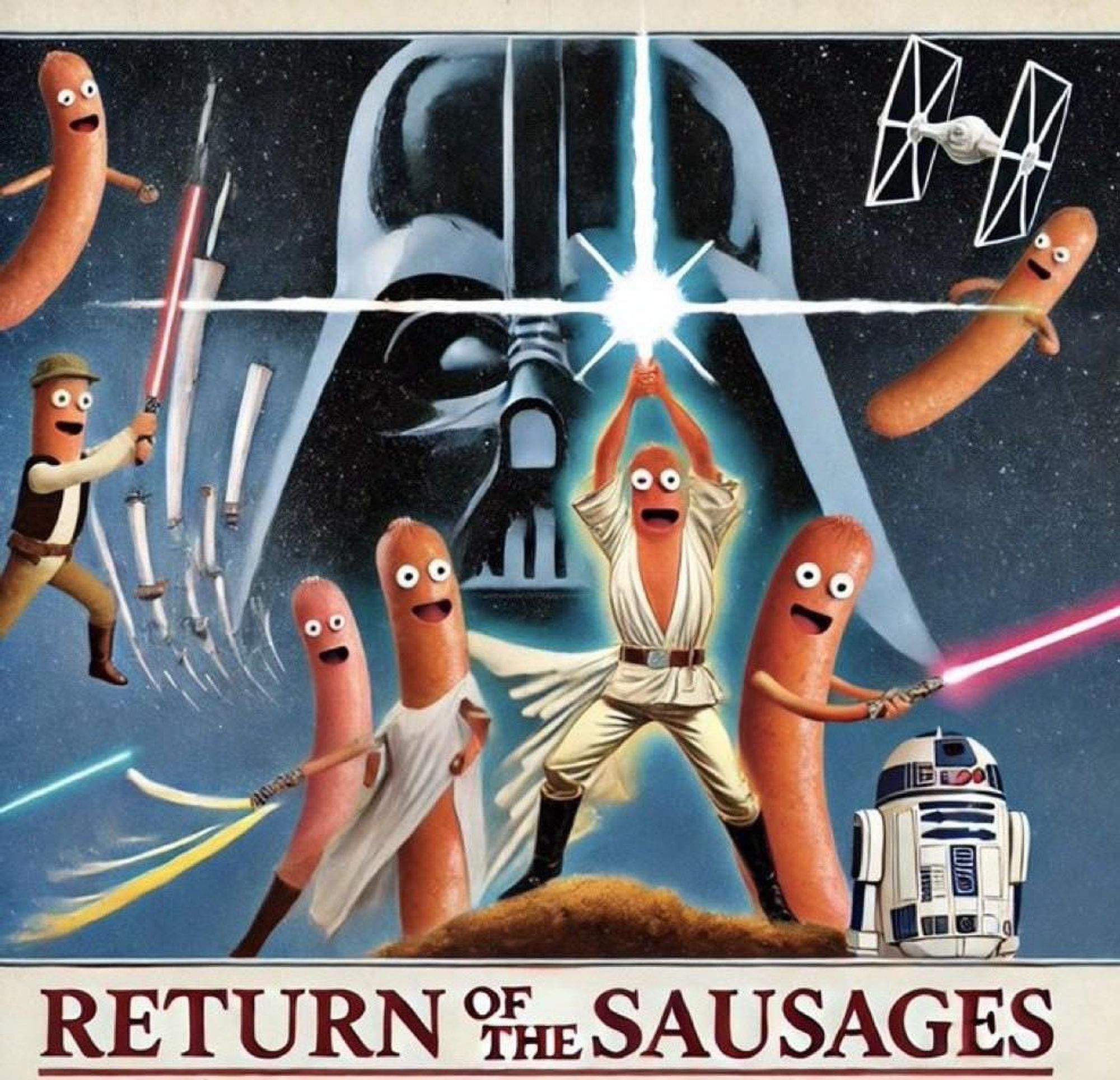 Filmplakat von Star Wars, umbenannt in Return of the Sausages und die Darsteller als Würstchen