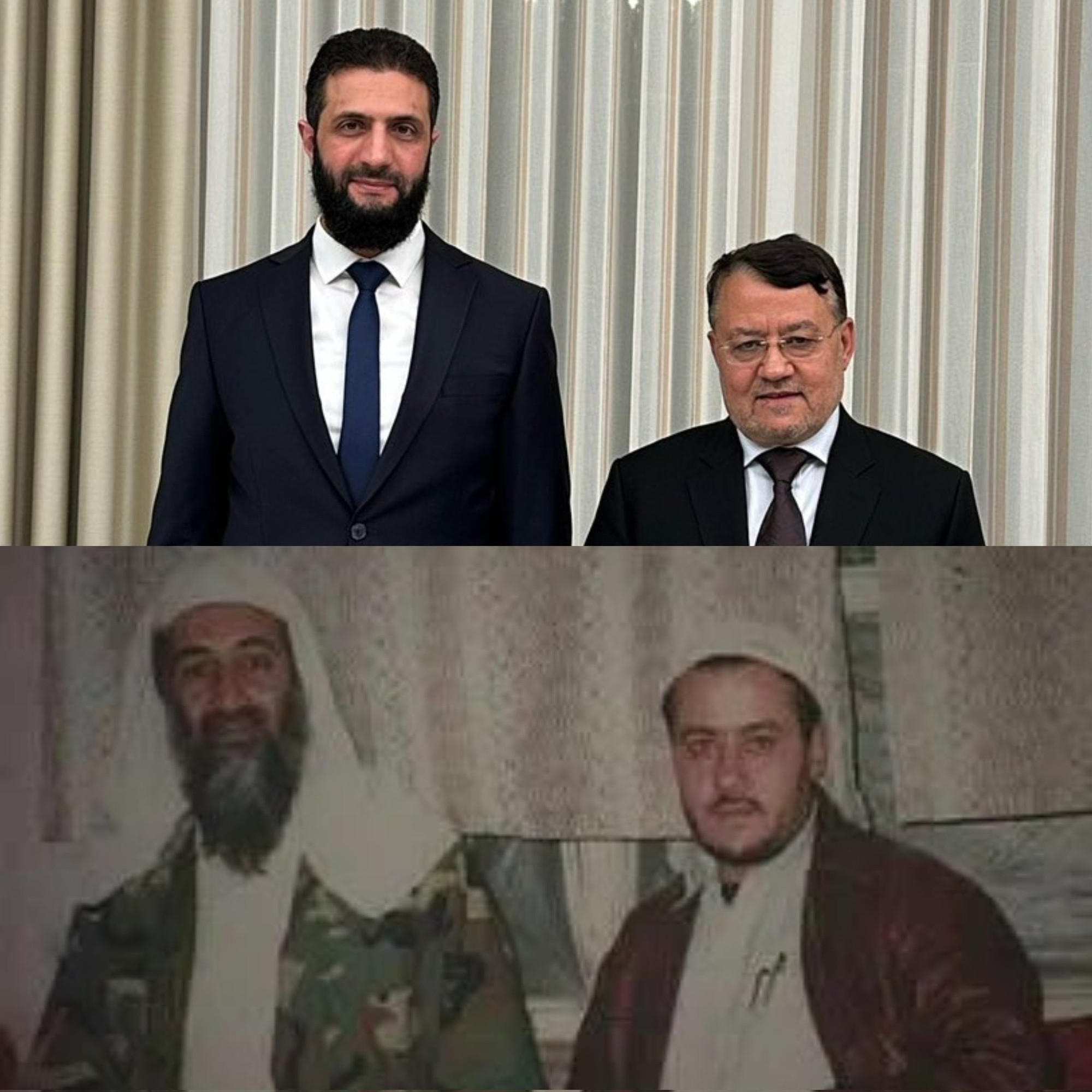 2 Fotos

Oben Ahmad Zidan mit dem syrischen Präsidenten al-Jolani.
Unten Ahmad Zidan mit Osama bin Laden.