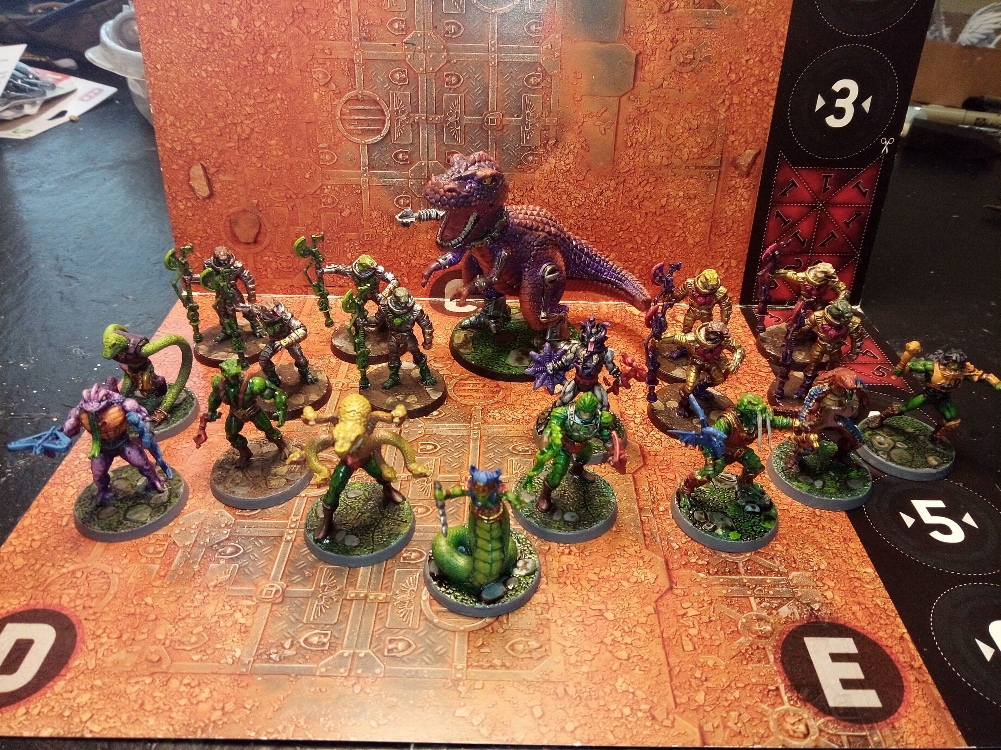 The entire Snake Men faction from the expansion of the same name. CMON Games Clash for Eternia. 28 mm scale miniatures