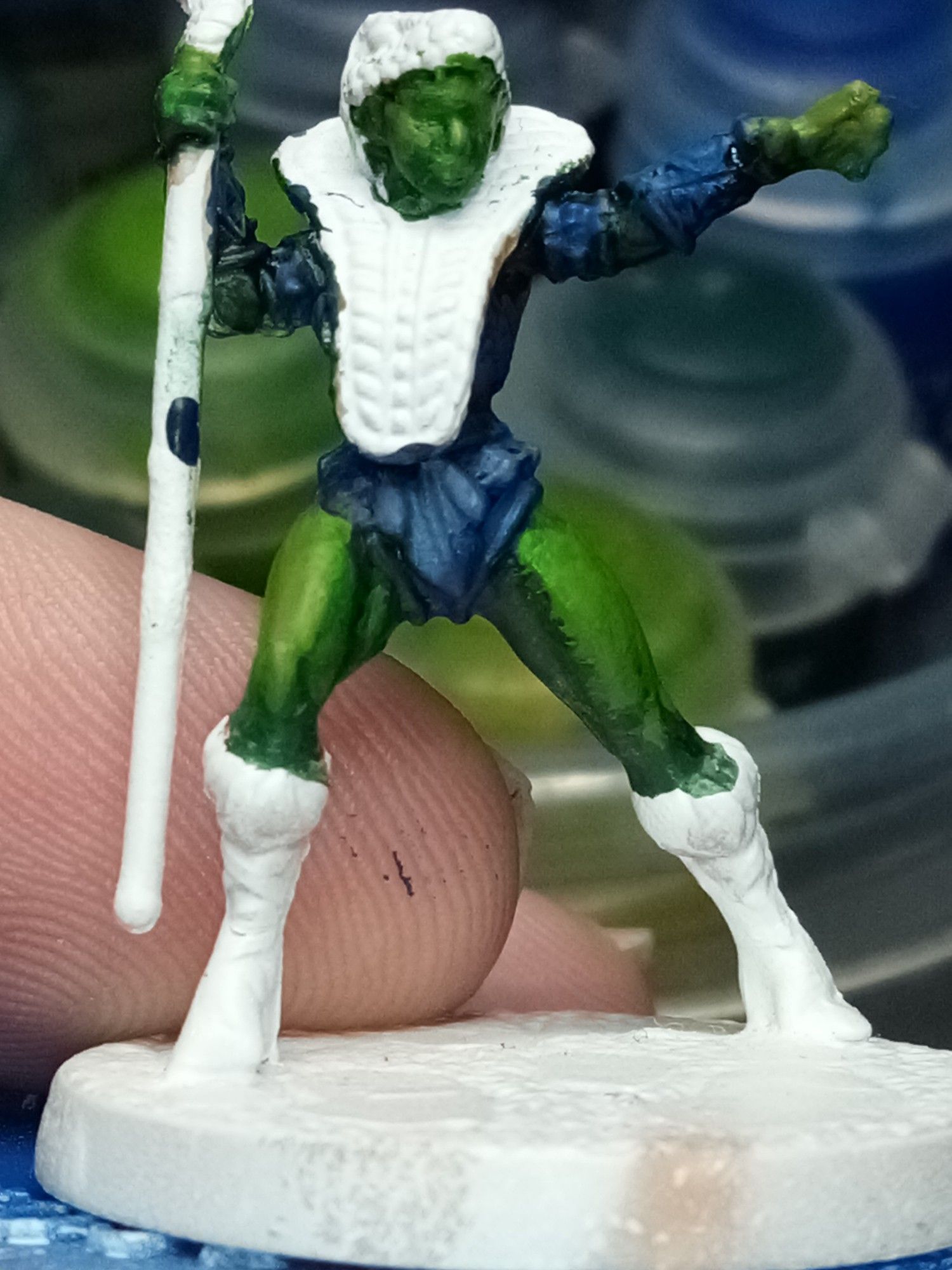 Frontal view of the Goddess. WIP. Her green skin and blue costume is mostly done.