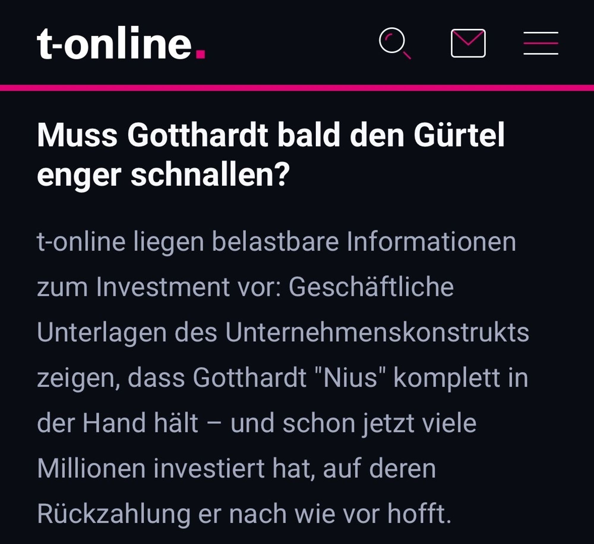 Screenshot von T-Online: Muss Gotthardt (der Finanzier von Julian "Bumsen, belügen, wegwerfen" Reichelt) den Gürtel bald enger schnallen?