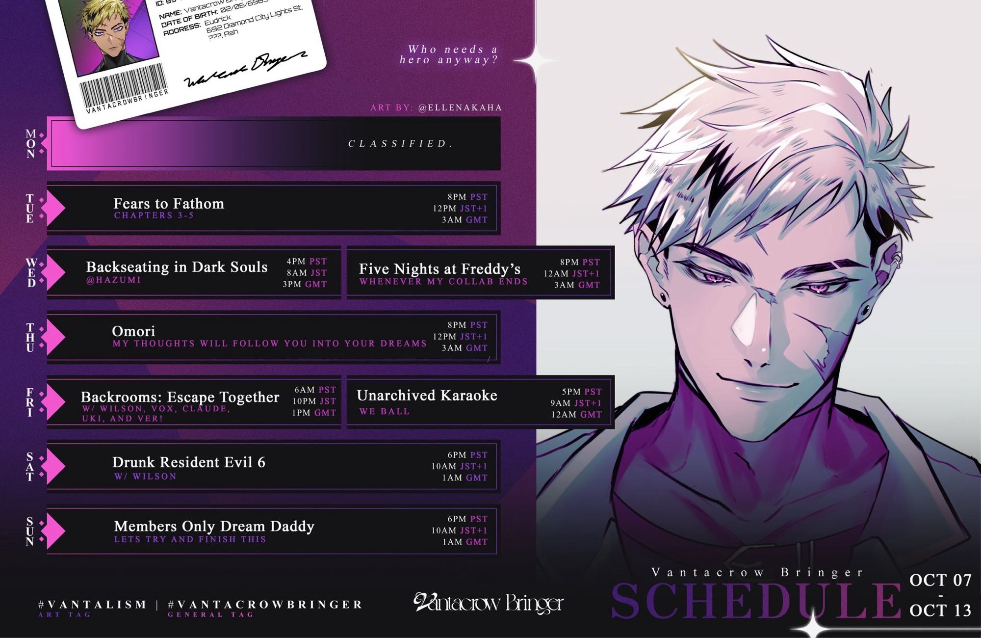 Vantacrow Bringer’s stream schedule for the week of October 7 to October 13. Art done by @Ellenakaha.