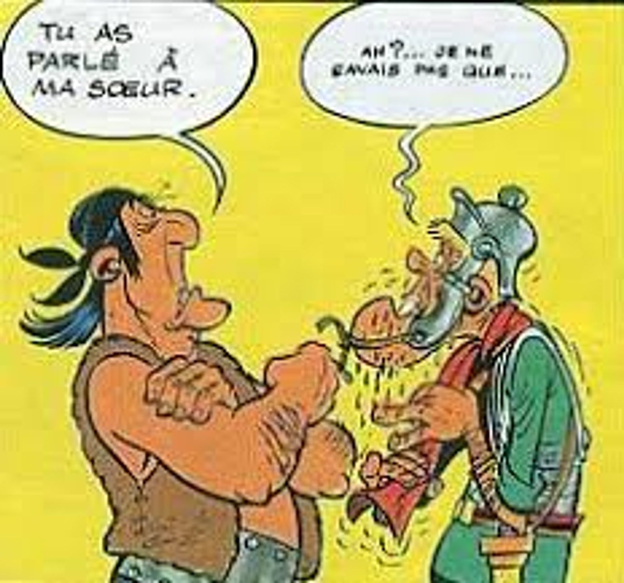 personnage d'Asterix en Corse : un chef corse très costaud s'adressant à un jeune légionaire romain tout transpirant : "Tu as parlé à ma soeur"