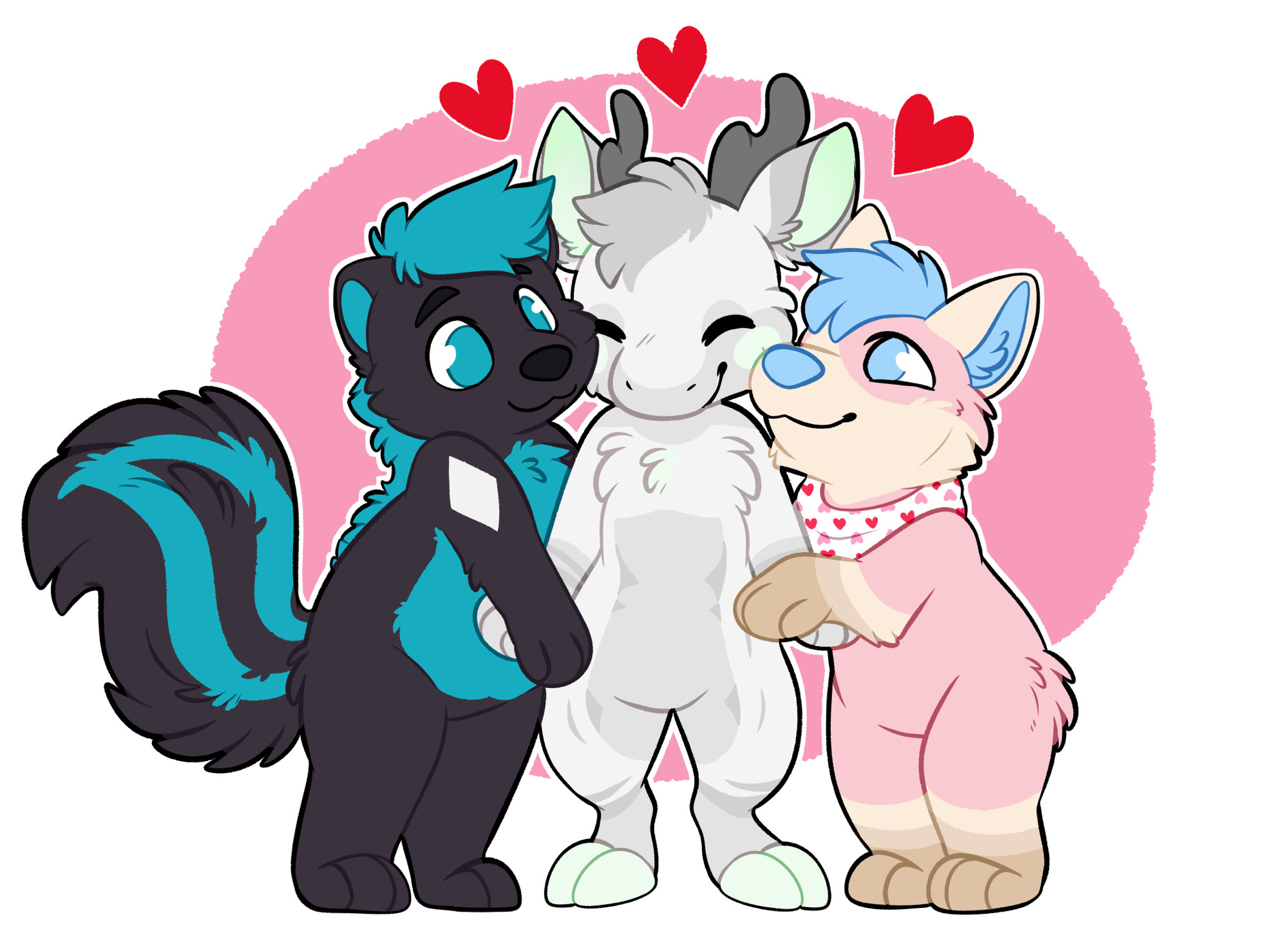 Three furries; a black and blue skunk @skunkrox.bsky.social, a white and mint green deer, and a pink and blue corgi @Skyler_Corgi on twitter, holding hands and nuzzling each other affectionately