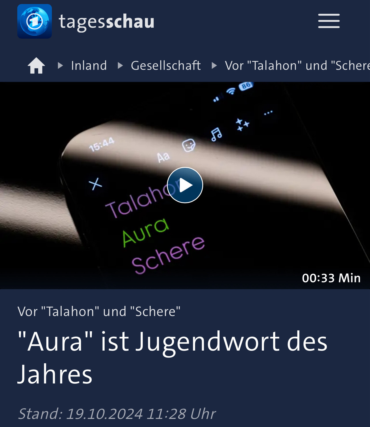 „Aura“ ist Jugendwort des Jahres 2024 / Screenshot von tagesschau.de 