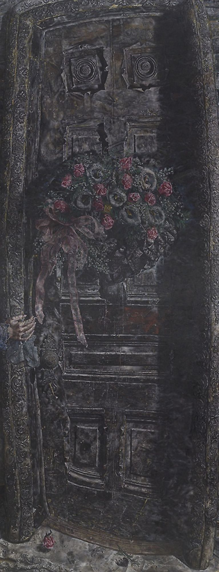 Replete with powerful imagery and bearing a long, philosophical title, That Which I Should Have Done I Did Not Do (The Door) is an evocative meditation on the choices and regrets in life. Ivan Albright considered The Door to be his most important picture, and he worked for ten years to achieve its mesmerizing effect. He spent weeks collecting props for the painting: a marred Victorian door found in a junkyard, a faded wax funeral wreath, and a tombstone for the doorsill. Once he arranged these objects, Albright completed an elaborate charcoal underdrawing that he then covered with the intricate and obsessively painted detail that characterizes most of his work. He would often finish no more than a quarter of a square inch a day. A wrinkled, aging woman’s hand rests on the carved doorway, a faded blue handkerchief clenched between the fingers. The poignant placement of the hand, near but not touching the doorknob, only underscores the sense of remorse and mourning implied by the painting. With its profound themes of mortality and the passage of time, The Dooris a modern memento mori that encourages a consideration of the brevity of human existence.

Mary and Leigh Block Charitable Fund