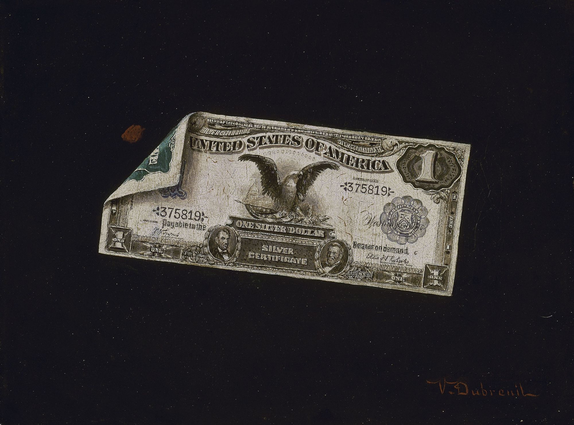 Having worked as a bank clerk in Paris, Victor Dubreuil moved to the United States in 1882, possibly to escape charges that he had stolen money from his employer. In New York he established himself as an artist, specializing in ultra-illusionistic depictions of currency: some elaborate in composition while others more restrained, such as One Dollar Silver Certificate. In the late 19th century, counterfeiting of legal tender was a widespread problem. Trompe l’oeil replications—albeit on canvas or board rather than paper—aroused suspicion among government officials. At least two of Dubreuil’s paintings on public view were confiscated by the Secret Service in the 1890s.

Through prior acquisition of the Charles H. and Mary F. S. Worcester Collection