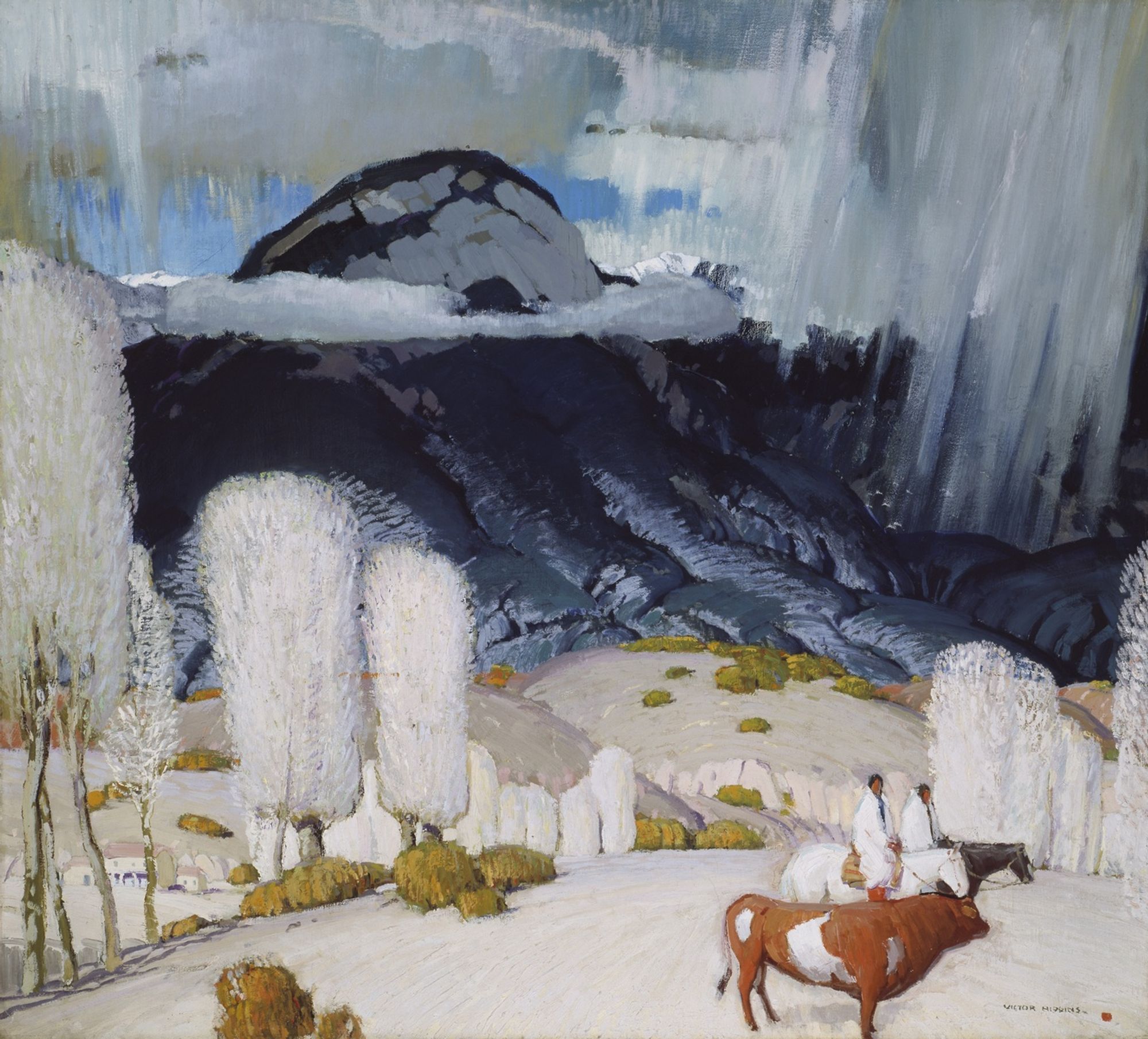 In Spring Rains, Victor Higgins featured two Native Americans on horseback amidst a sublime landscape. He depicted El Salto Peak ringed with clouds and flooded the valley below with light, creating shimmering atmospheric effects with his vibrant palette. As the artist once observed, “A field or a mountain is always changing. They change size and color with every passing cloud and with the passing of every hour and season.” Higgins studied and taught at the School of the Art Institute of Chicago. He first went to Taos, New Mexico, in 1914, sponsored by a group of Chicagoans who wanted to support local artists. Liberated from financial concerns, Higgins experimented boldly with modern form and color.

Friends of American Art Collection