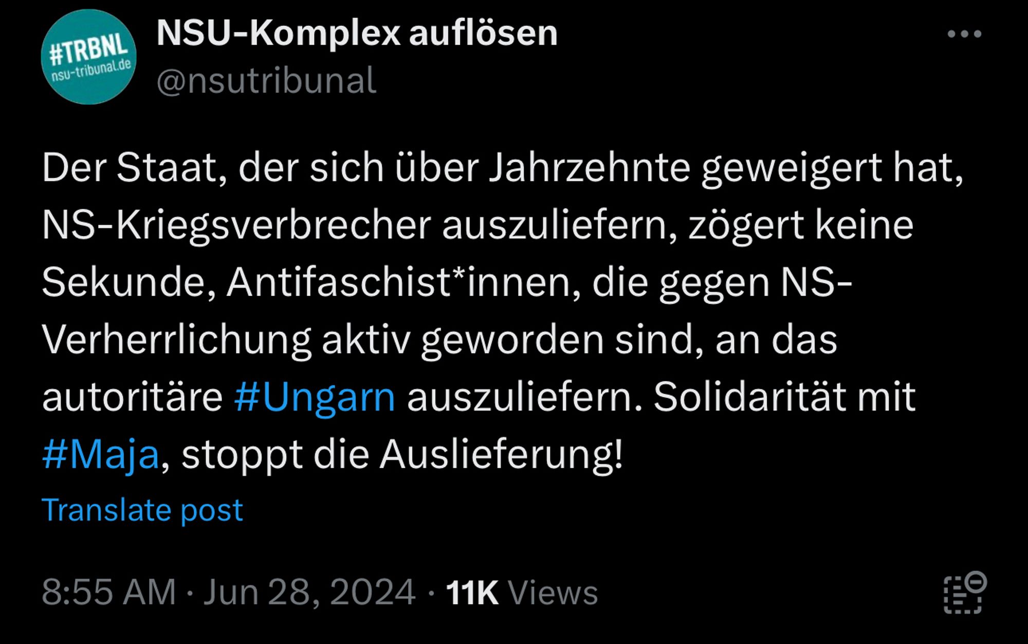 NSU-Komplex auflösen auf Twitter noch vom 28. Januar
Der Staat, der sich unerträglich Jahrzehnte geweigert hat, NS-Kriegsverbrecher auszuliefern, zögert keine Sekunde, Antifaschist*innen, die gegen NS-Verherrlichung aktiv geworden sind, an das autoritäre Ungarn auszuliefern. Solidarität mit Maja, stoppt die Auslieferung!“