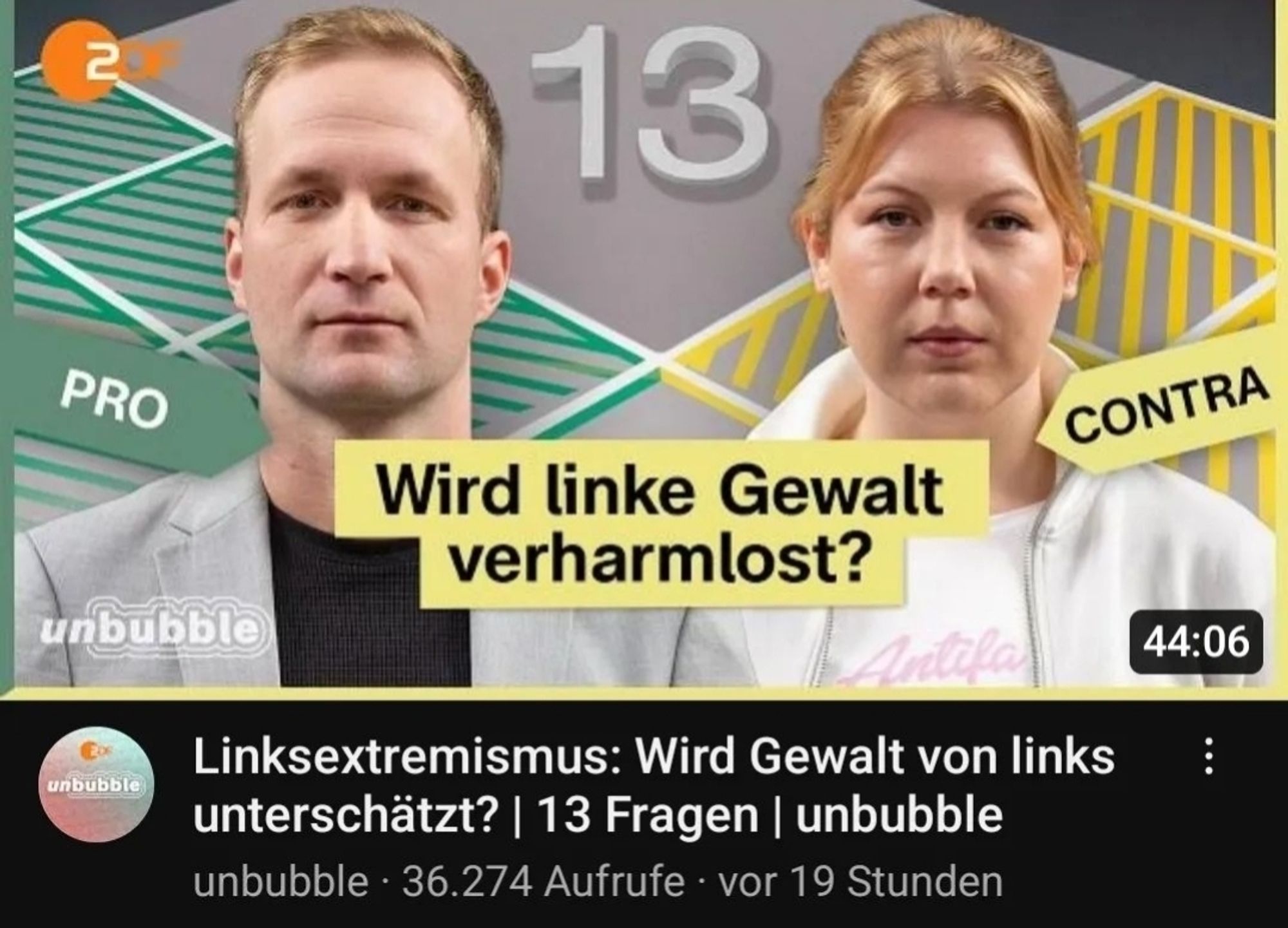 Screenshot des Youtubeformats unbubble vom ZDF "Linksextremismus: Wird Gewalt von links unterschätzt | 13 Fragen | unbubble"