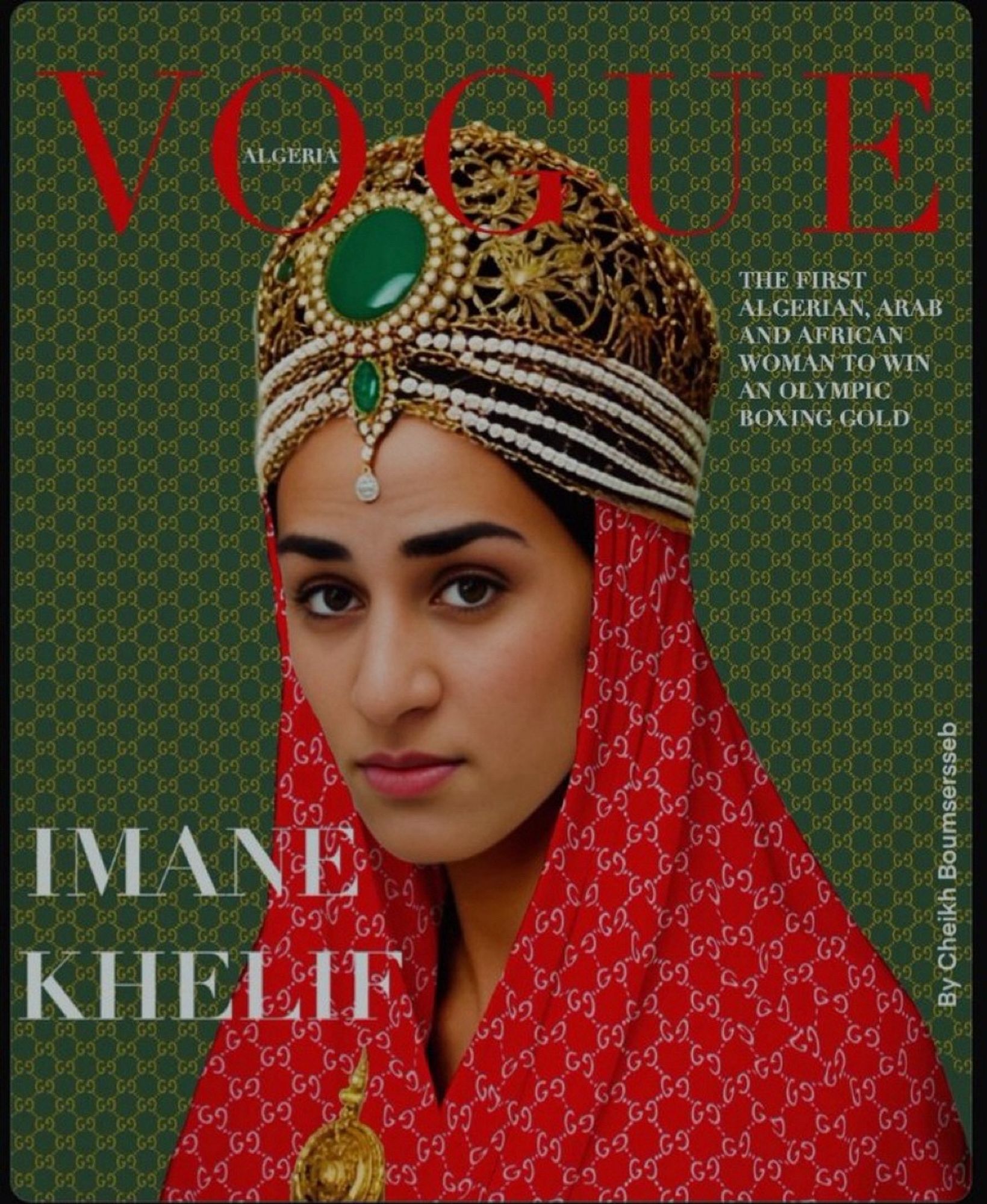 Imane Khelif on the cover of Algerian Vogue, wearing a gold filigree crown with jade and pearl ornamentation and a red silk mantle by Gucci.  The second caption on the cover says " The First Slgerian, Arab, and African Woman to win an Olympic boxing medal"