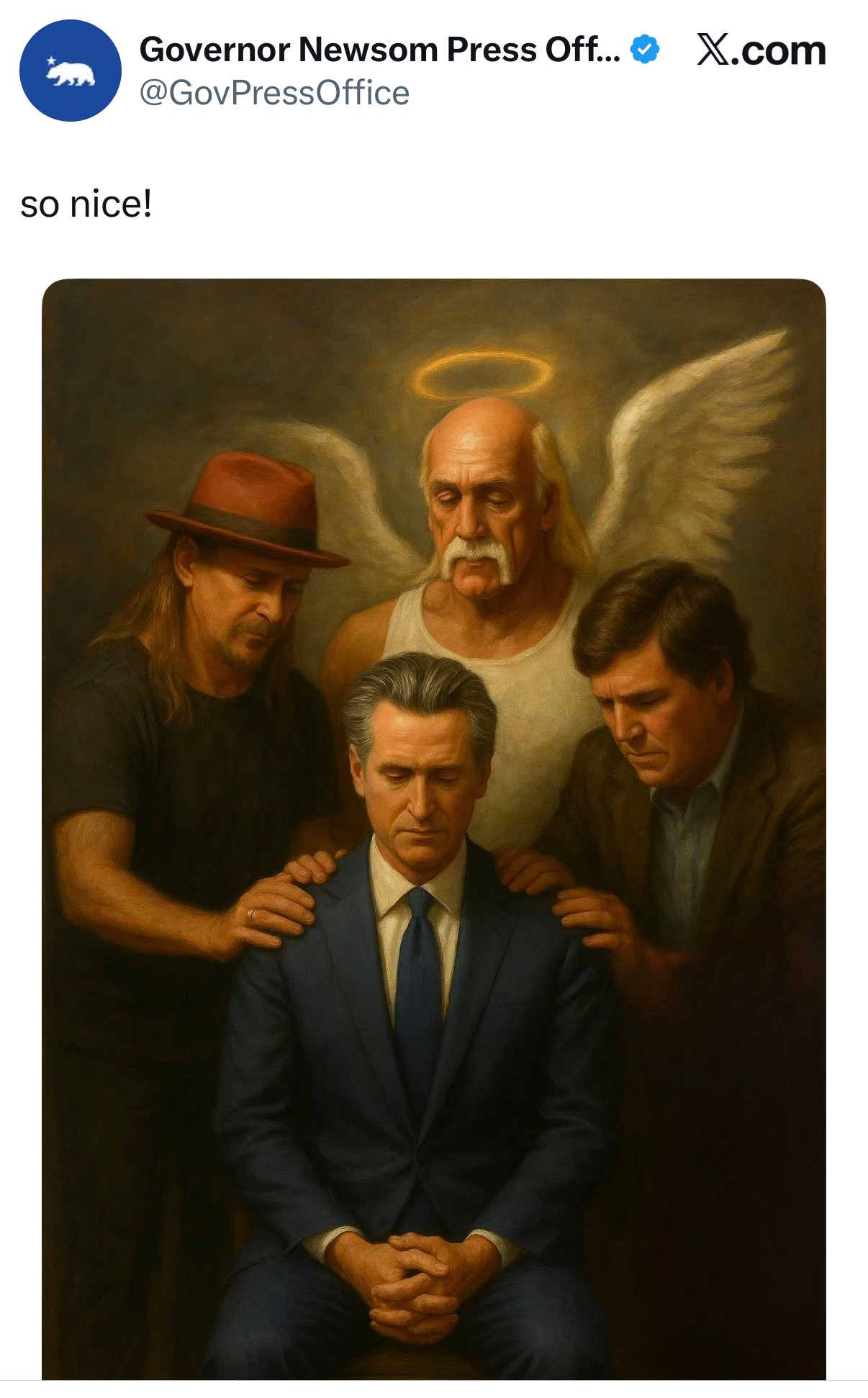 AI art showing Gavin Newsom surrounded by Kid Rock, Tucker Carlson, and an angelic Hulk Hogan, all in prayer. The latter three have their hands on Newsom’s shoulders. 