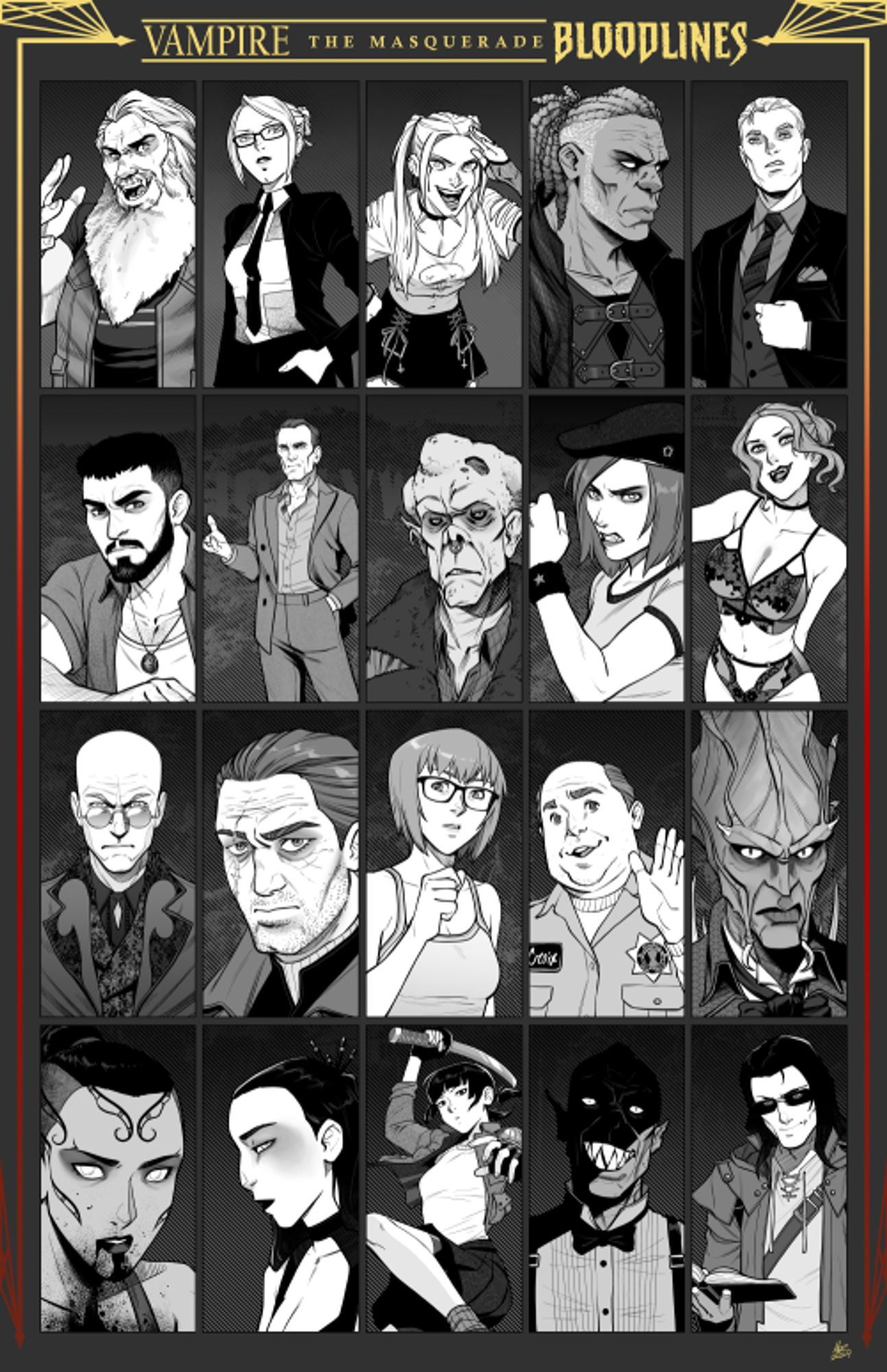 A grid of 20 panels in black and white featuring many characters