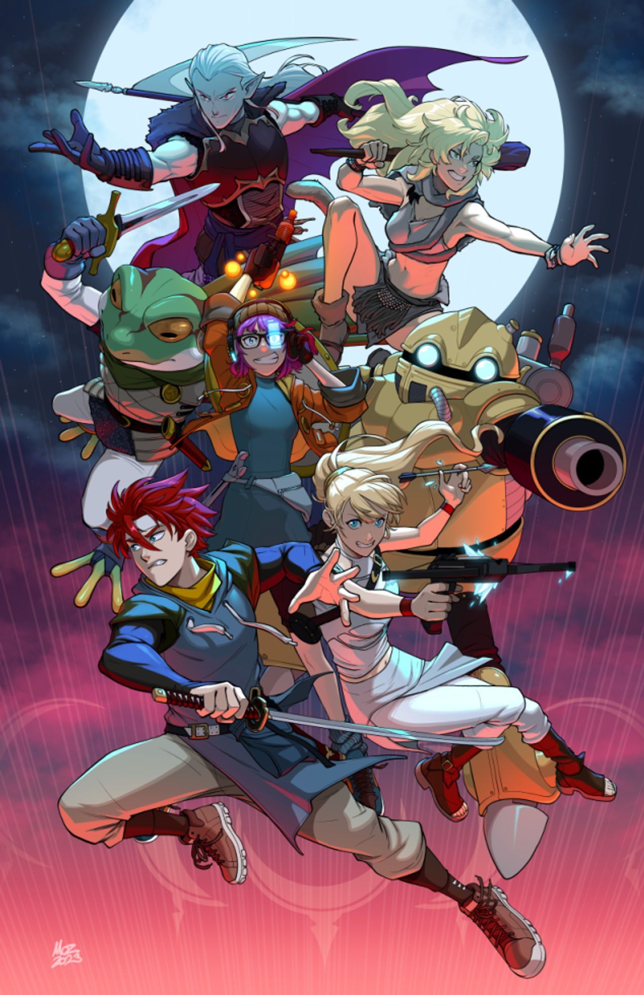 Chrono Trigger fan art featuring all the party members in front of a large moon. Costumes redesigned by myself.