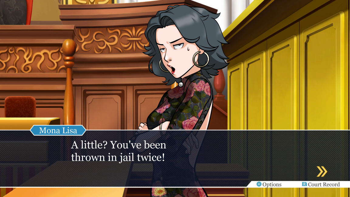 Mona Lisa  from "My Cousin Vinny" in Ace Attorney style. Dialog reads: "A little? You've been thrown in jail twice!"