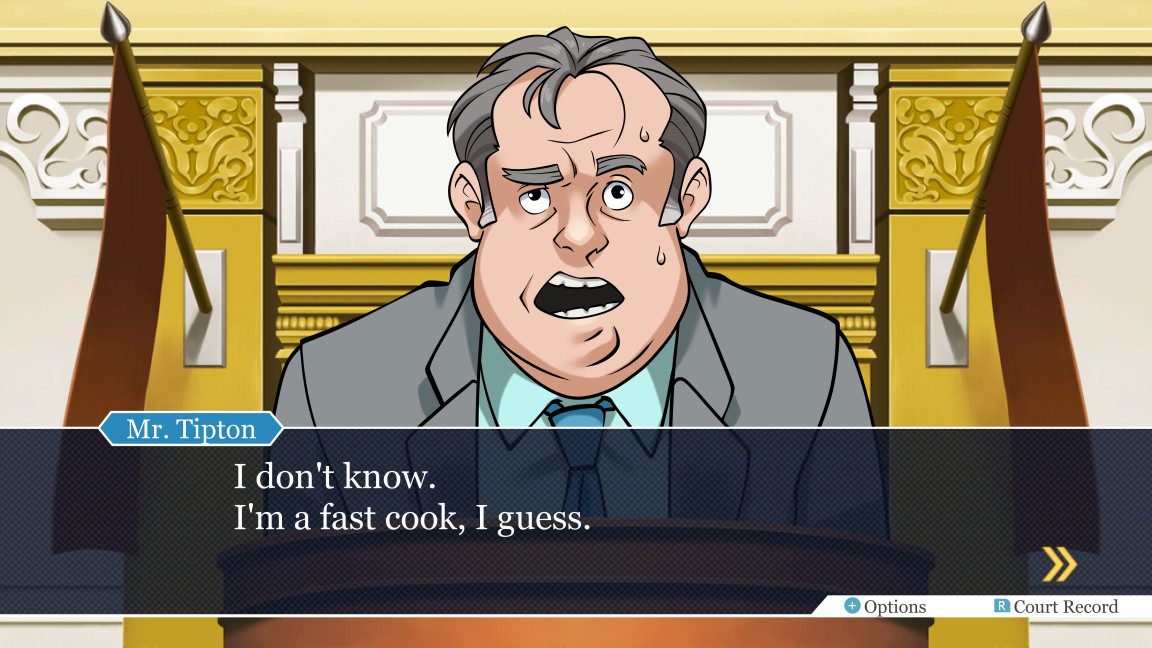 Mr. Tipton from "My Cousin Vinny" in Ace Attorney style. Dialog reads: "I don't know, I'm a fast cook, I guess."