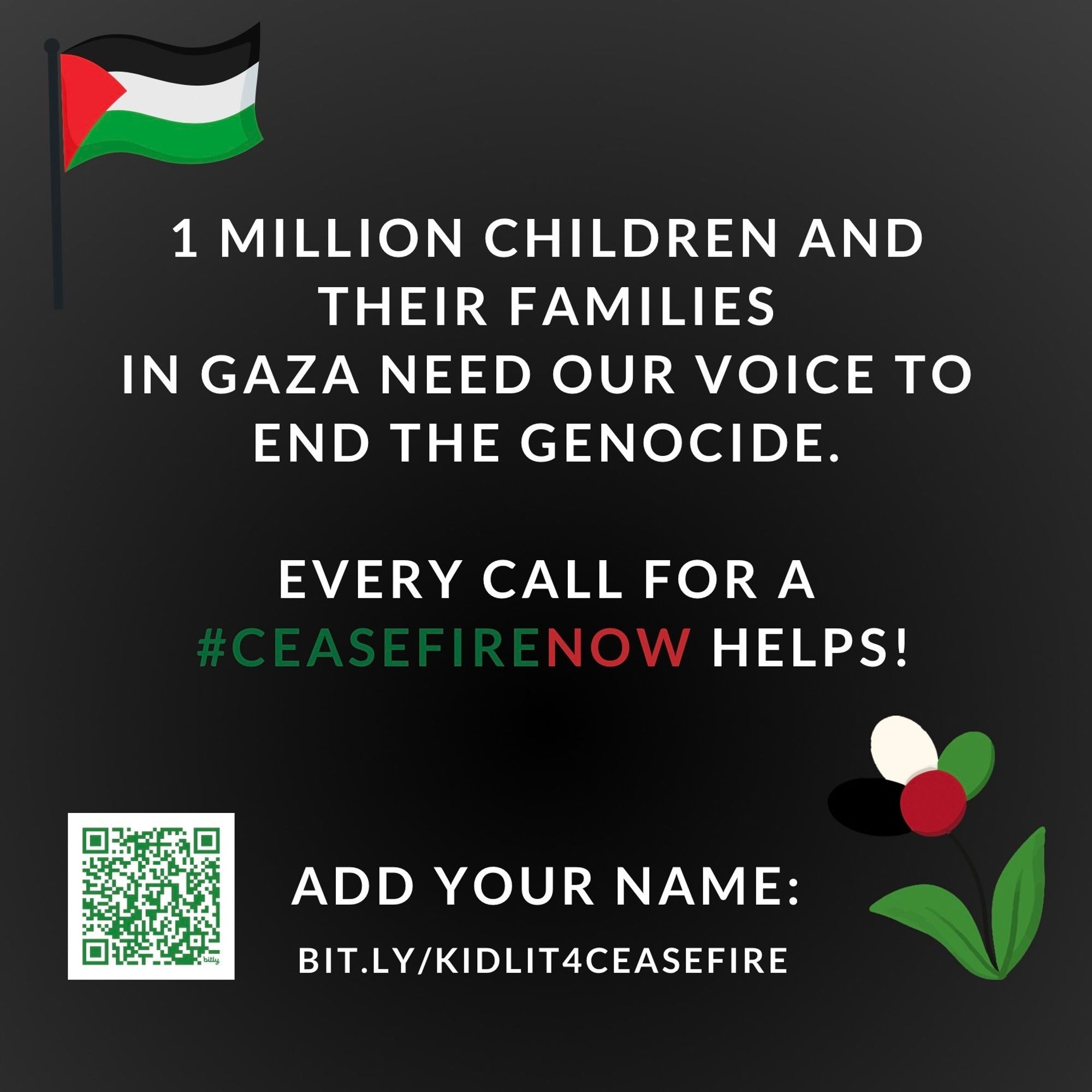 1 million children and their families in Gaza need our voice to end the genocide.

Every call for a #ceasefirenow helps!

Add your name:
Bit.ly/KidLit4Ceasefire