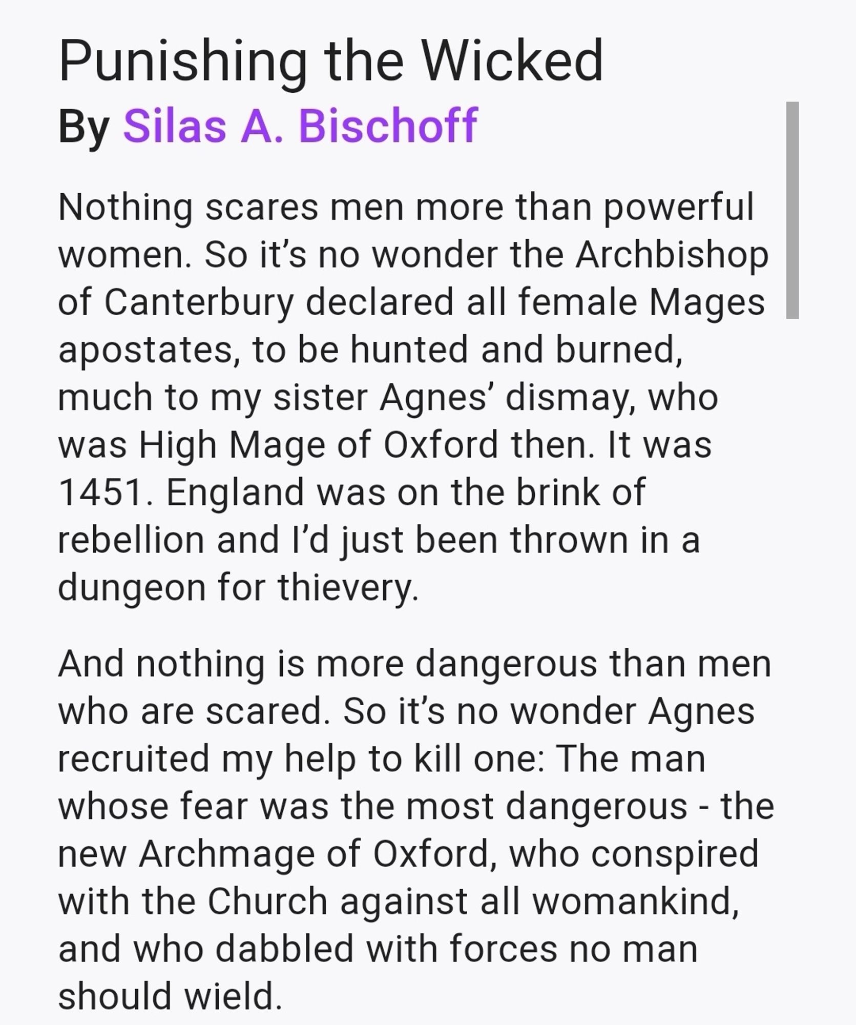 screenshot 1/3 of blurb for "Punishing the Wicked" by Silas A. Bischoff