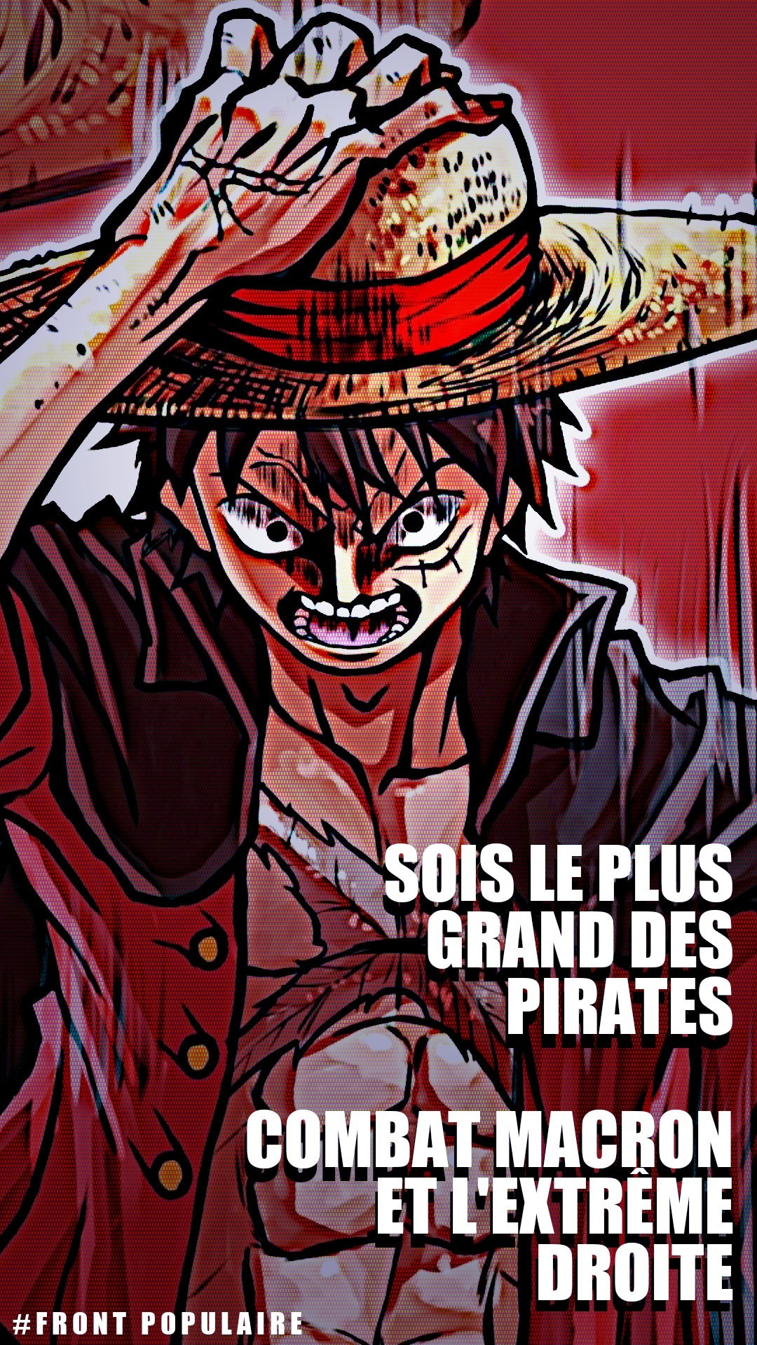 Personnage de Luffy du manga One Piece, avec l'air très en colère et la main sur son chapeau de paille. En surimpression : "sois le plus grand des pirates, combat Macron et l'extrême droite. #front populaire"