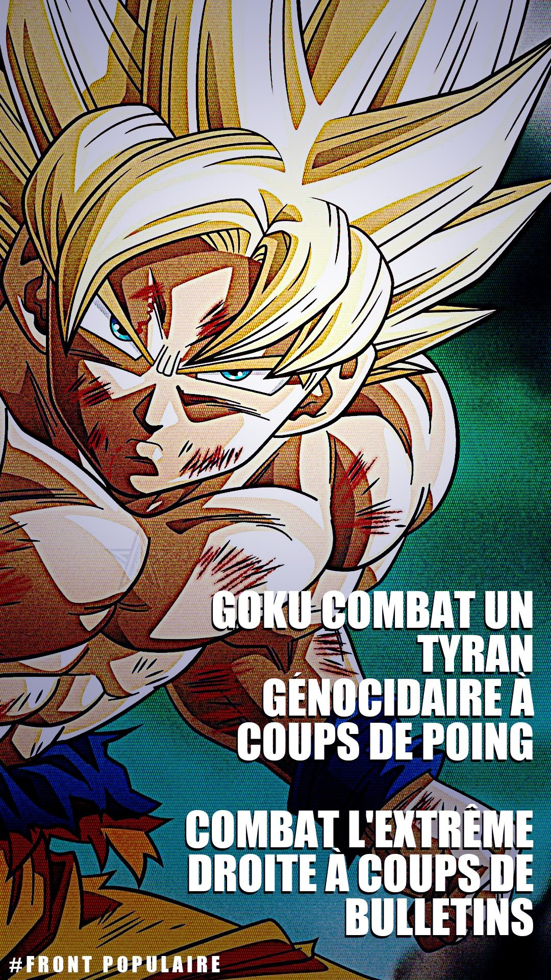 Goku, blessé et en plein combat, le torse nu et l'air concentré, avec en surimpression : "Goku combat un tyran génocidaire à coups de poing. Combat l'extrême droite à coups de bulletins. #Front Populaire."