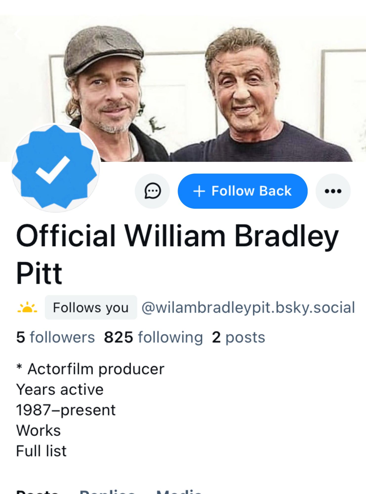 Screenshot of “official” Brad Pitt (“actorfilm producer”) bluesky account