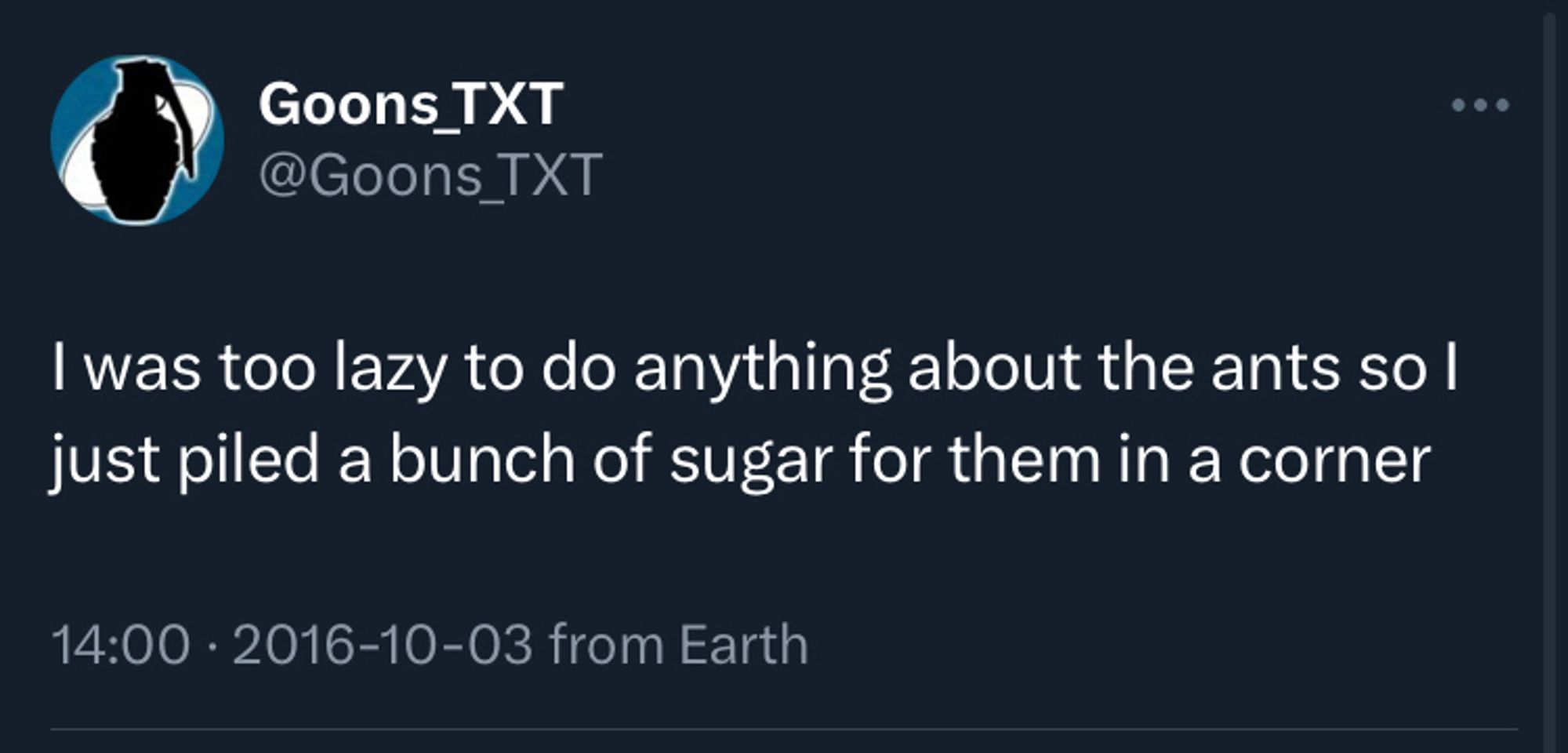 goons_txt • I was too lazy to do anything about the ants so I just piled a bunch of sugar for them in a corner