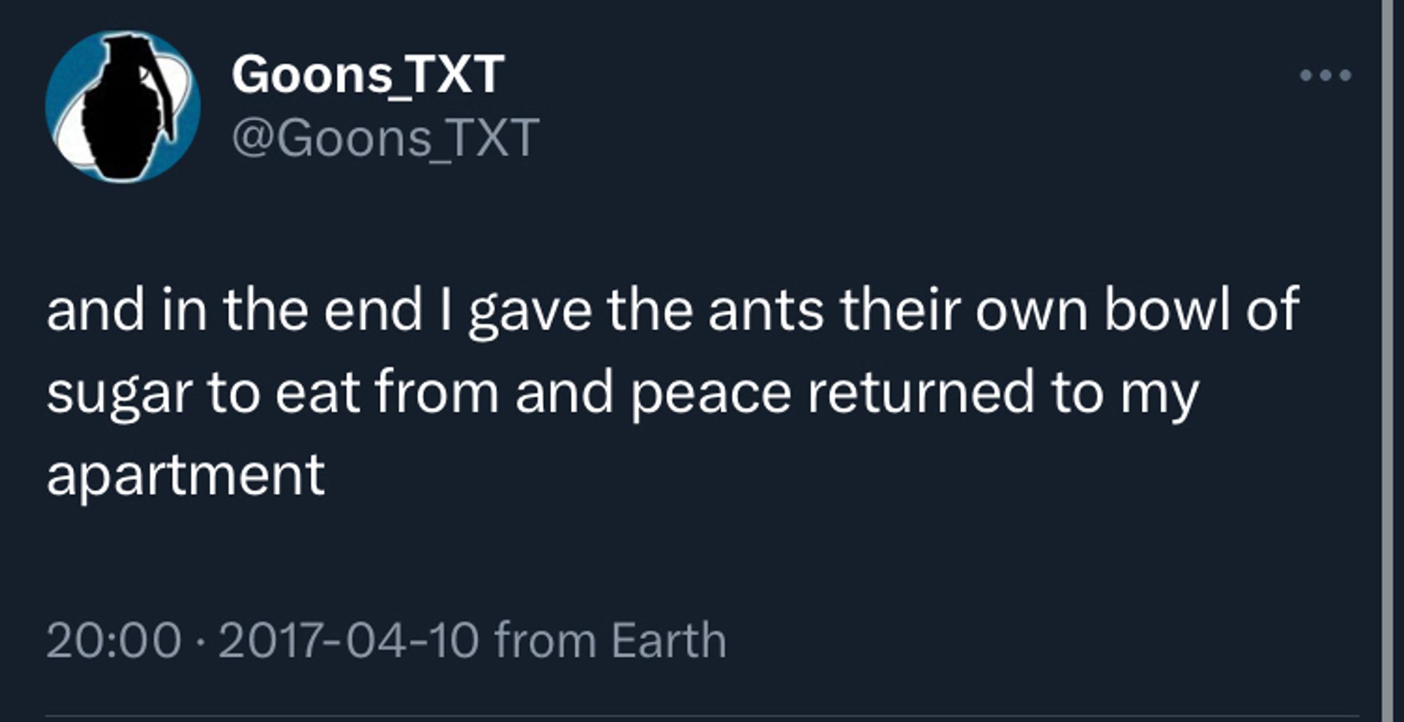 goons_txt • and in the end I gave the ants their own bowl of sugar to eat from and peace returned to my apartment