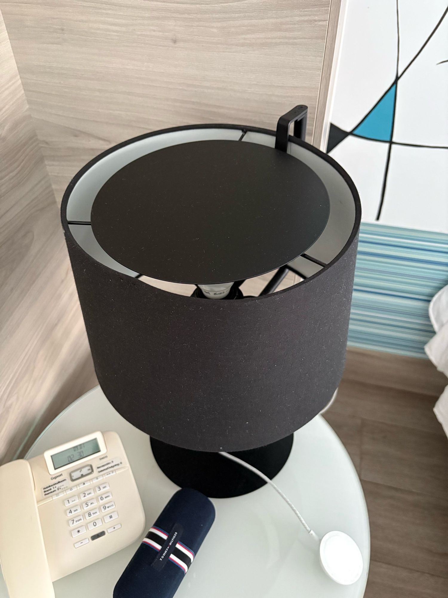 A black, circular lampshade with what looks like a black plate on top covering 90% of the area.