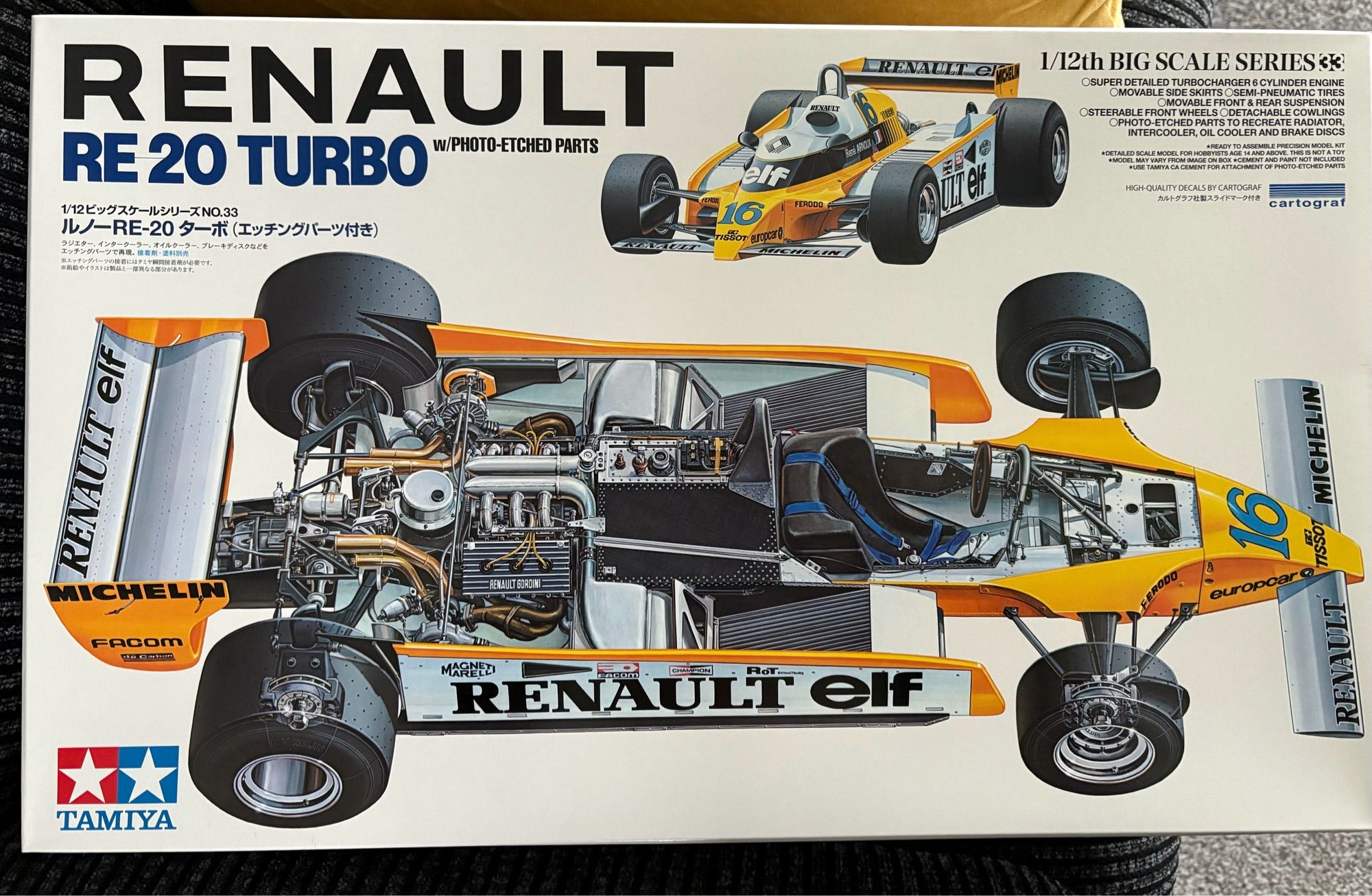 The box of a Tamiya 1/12 “big scale” F1 car model kit. The car is from 1980 - a yellow, white, black and silver Renault RE20 Turbo, with ground effect skirts.