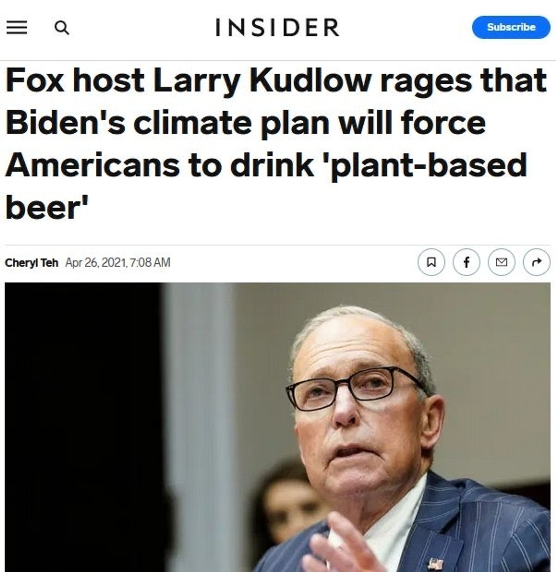 Headline about Fox News host complaining that soon we'll have to drink "plant-based beer"