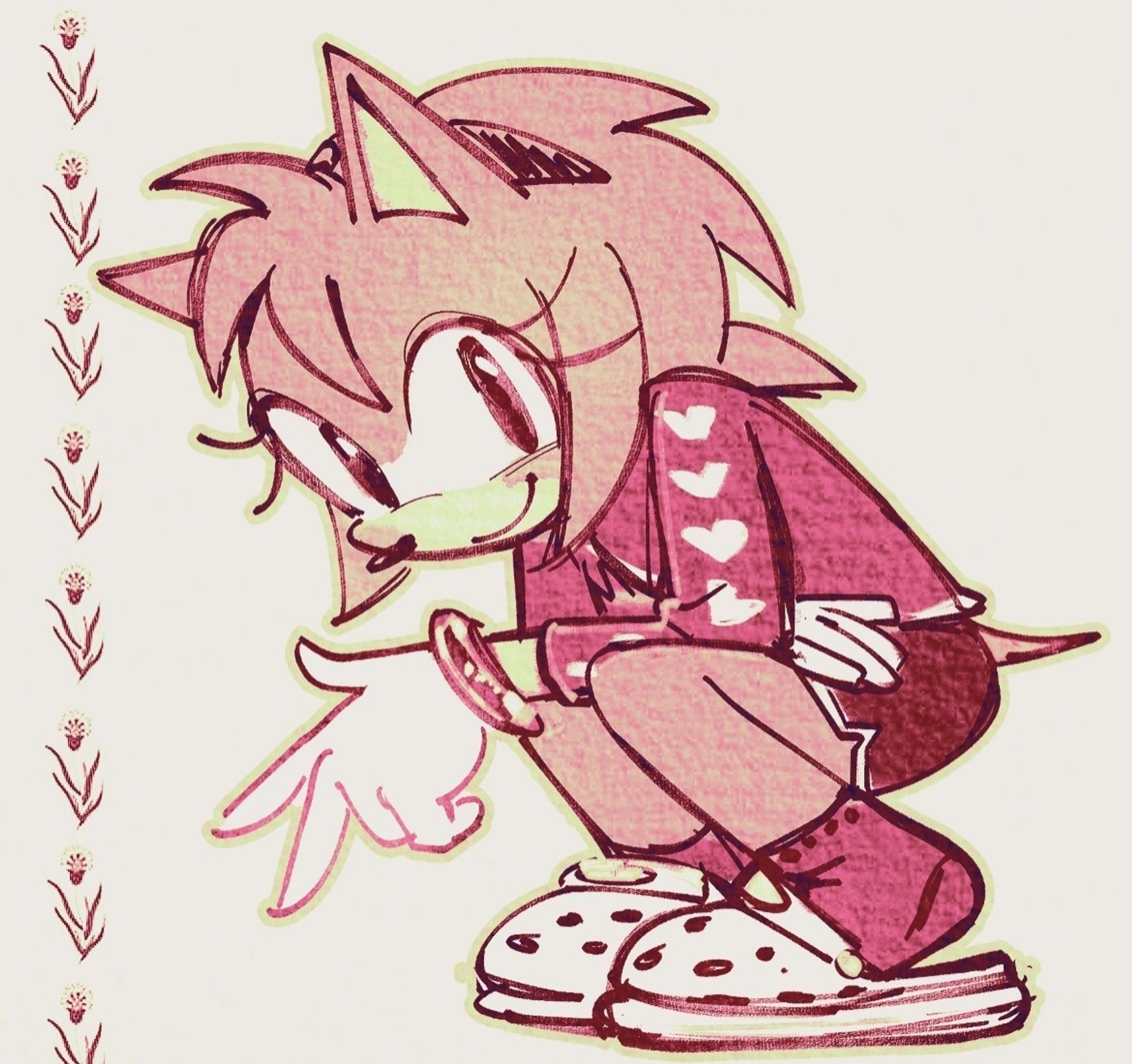 A sketchy or watercolor style drawing of Amy rose in a casual outfit, long sleeved pink shirt, shorts and a white pair of crocs. She's crouching  and making a peace sign to the viewer.