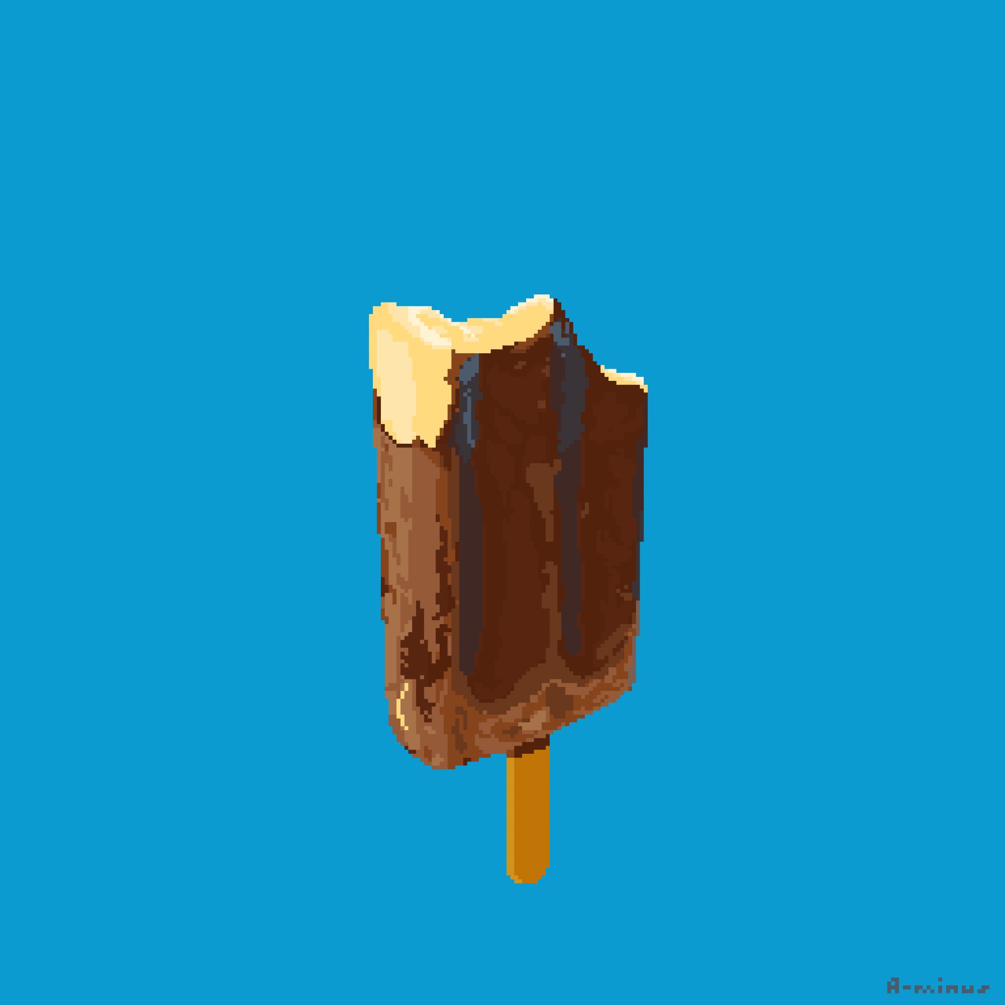 pixel art of an ice cream bar with a thin chocolate shell. It has been bitten into a couple times, and is floating against a bright blue background