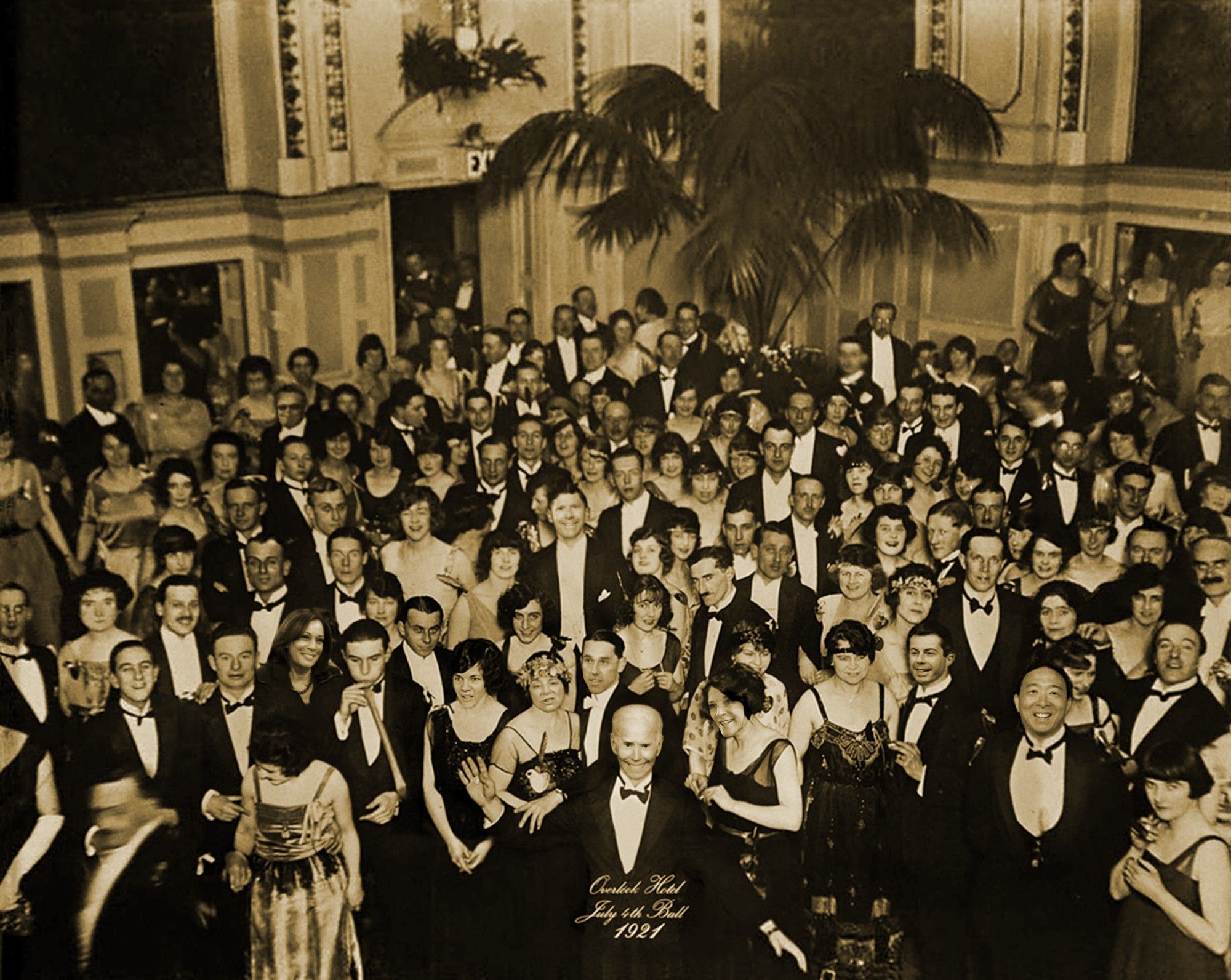 photo edit of the photo used at the end of The Shining, where several of the ballroom crowd in the antique photo are replaced with 2020 presidential candidates, with Biden in the center, grinning demonically and looking up at the camera. Dril is also here. Colored in sepia tones