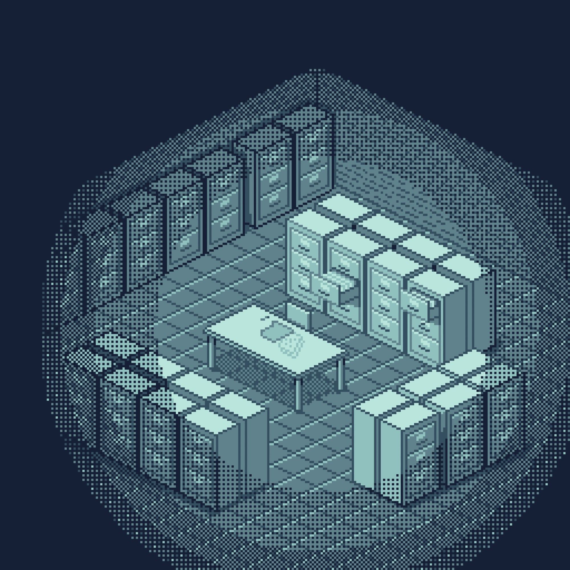 isometric pixel art in a muted gray-blue palette of several groups of filing cabinets in an archive-like room, with a couple open files, and pages plus a folder on an empty table with chair in the center. The room's corners are obscured in deepening shadow
