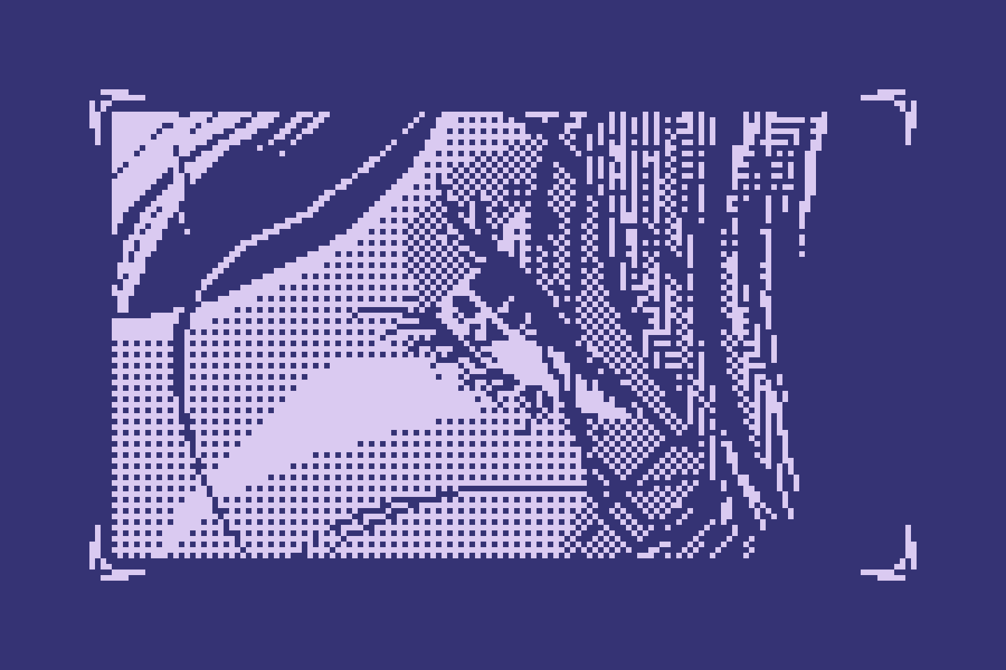 1-bit pixel art in an anime style, close-up shot of a woman (and android) named Lachesis waking up out of hibernation, eyes opening with strands of hair falling over her eyes and cheek. Colors are in dark and light purple
