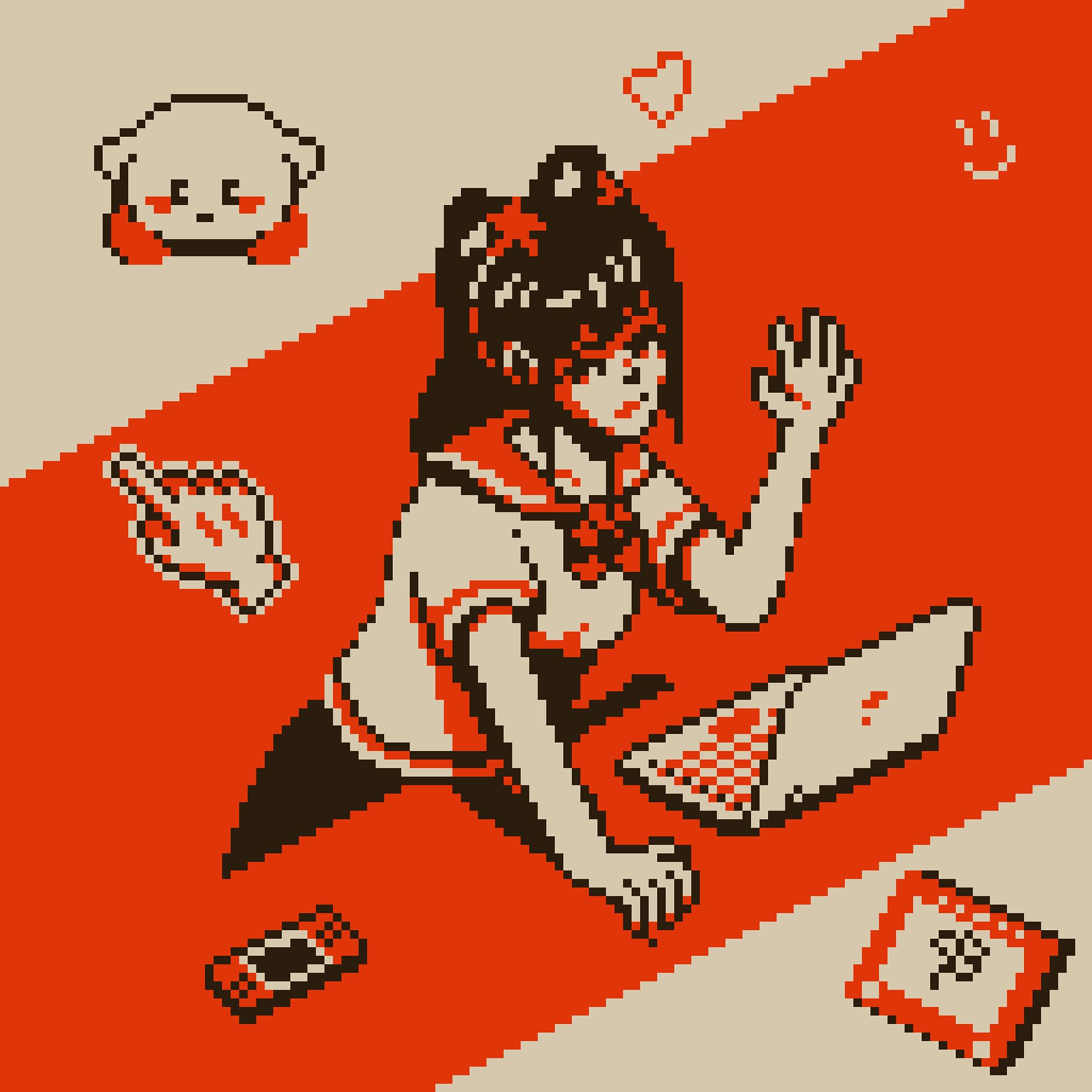 pixel art compilation of details from an isometric pixel animation in 3 colors (red, near-black brown and light tan) . In the center, a young woman wearing a seifuku uniform with white blouse and dark skirt leans over a desk surface and waves with her left, her right arm out, hand supporting her on the surface. She has long dark hair in two ponytails held by star shapes. Objects around her include a laptop, an Etch-a-Sketch, Kirby sitting, a Switch console, a floating glove cursor with pointing finger, and a little heart and smiley face. In the background a broad red strip goes through the scene at an angle with tan edges at the upper left and lower right