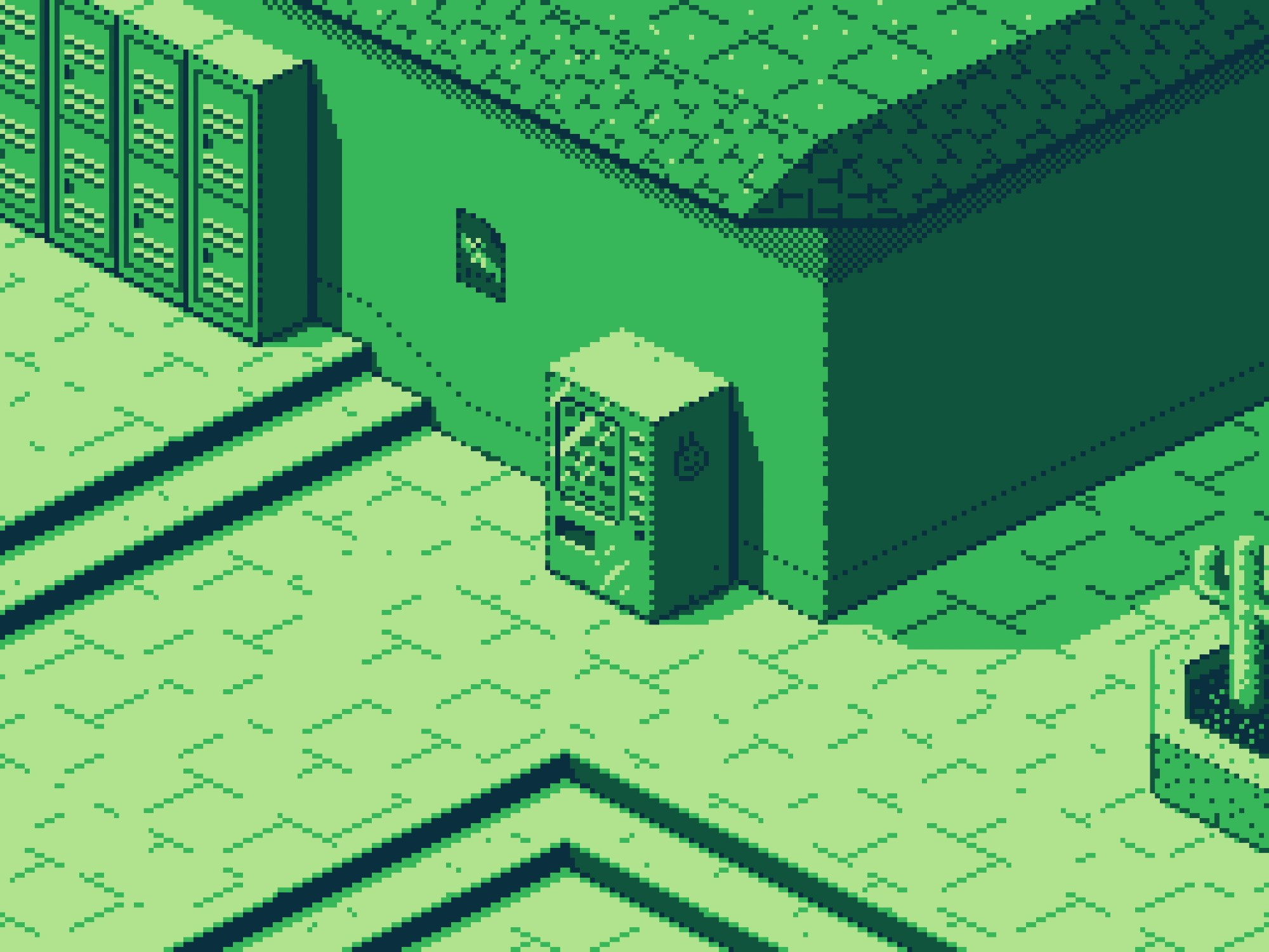 four-color green-tones isometric pixel art of a vending machine on a college campus, with a low roof building behind it and lockers along the wall. There are low steps leading to the square below, and a cactus in a planter to the right