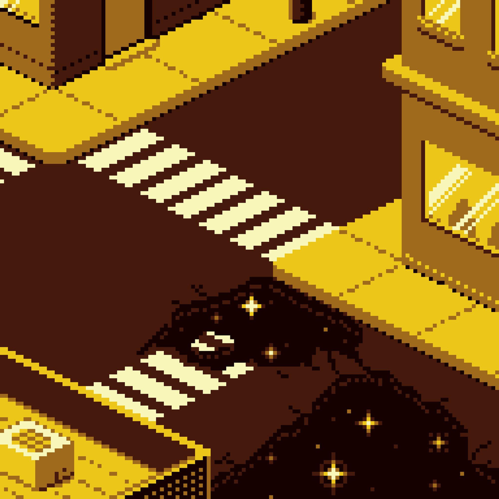 isometric pixel art in gold colors depicting a city street intersection with  buildings with windows and doors, and the roof of a building in the lower left foreground. A giant hole has opened in one of the crosswalks along with a larger adjacent hole, revealing stars in a void beyond