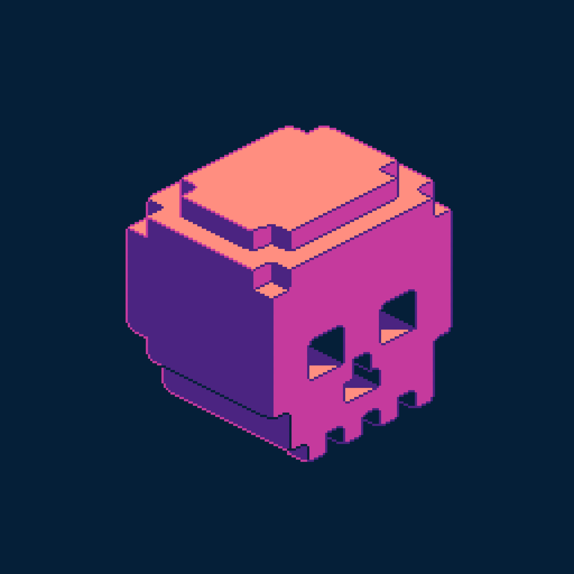 4-color isometric pixel art of a purple skull with brightest areas lit peach-orange, rendered stylistically in small cube shapes, against a dark blue background