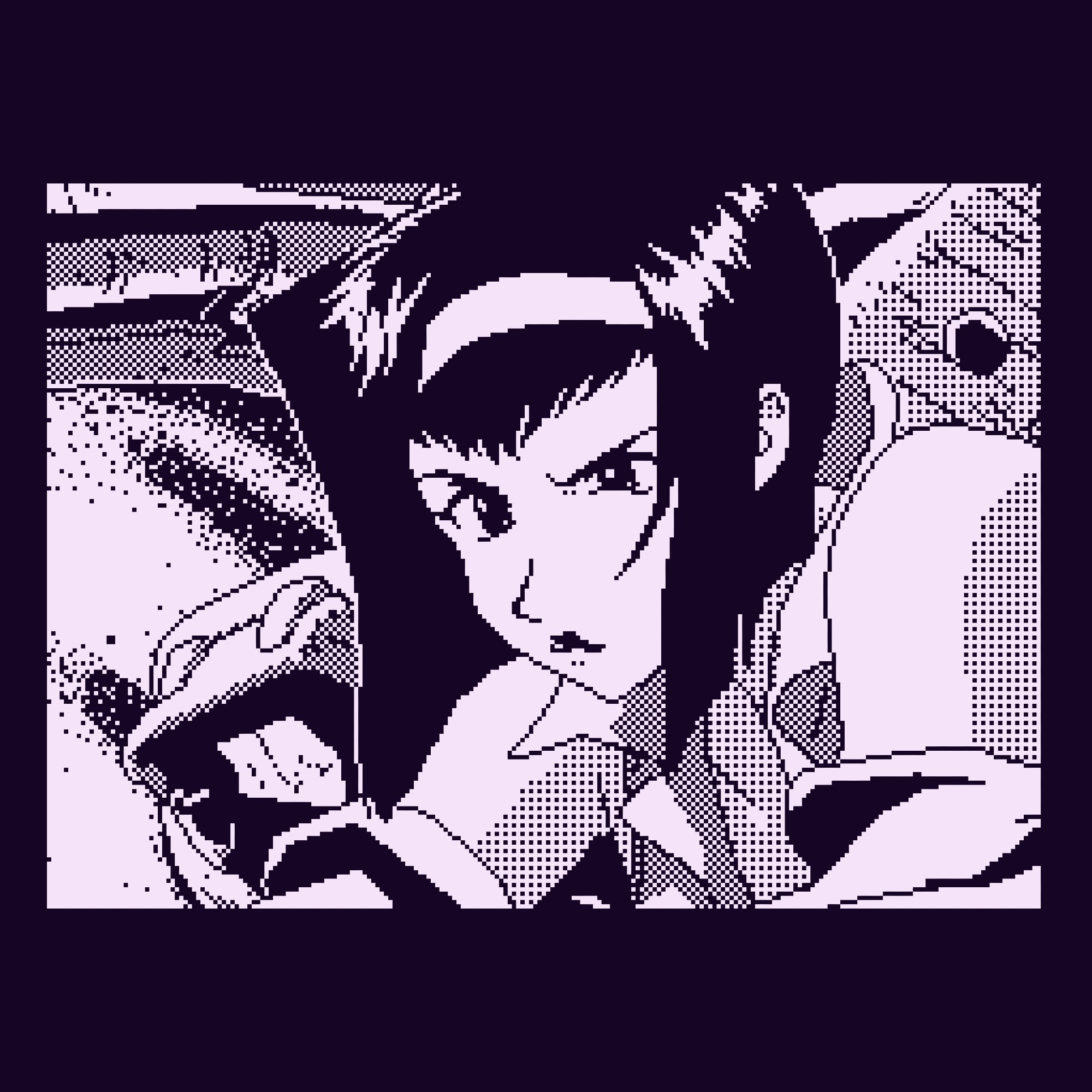 2-color pixel art of Faye Valentine leaning forward and scowling. She is in her ship.